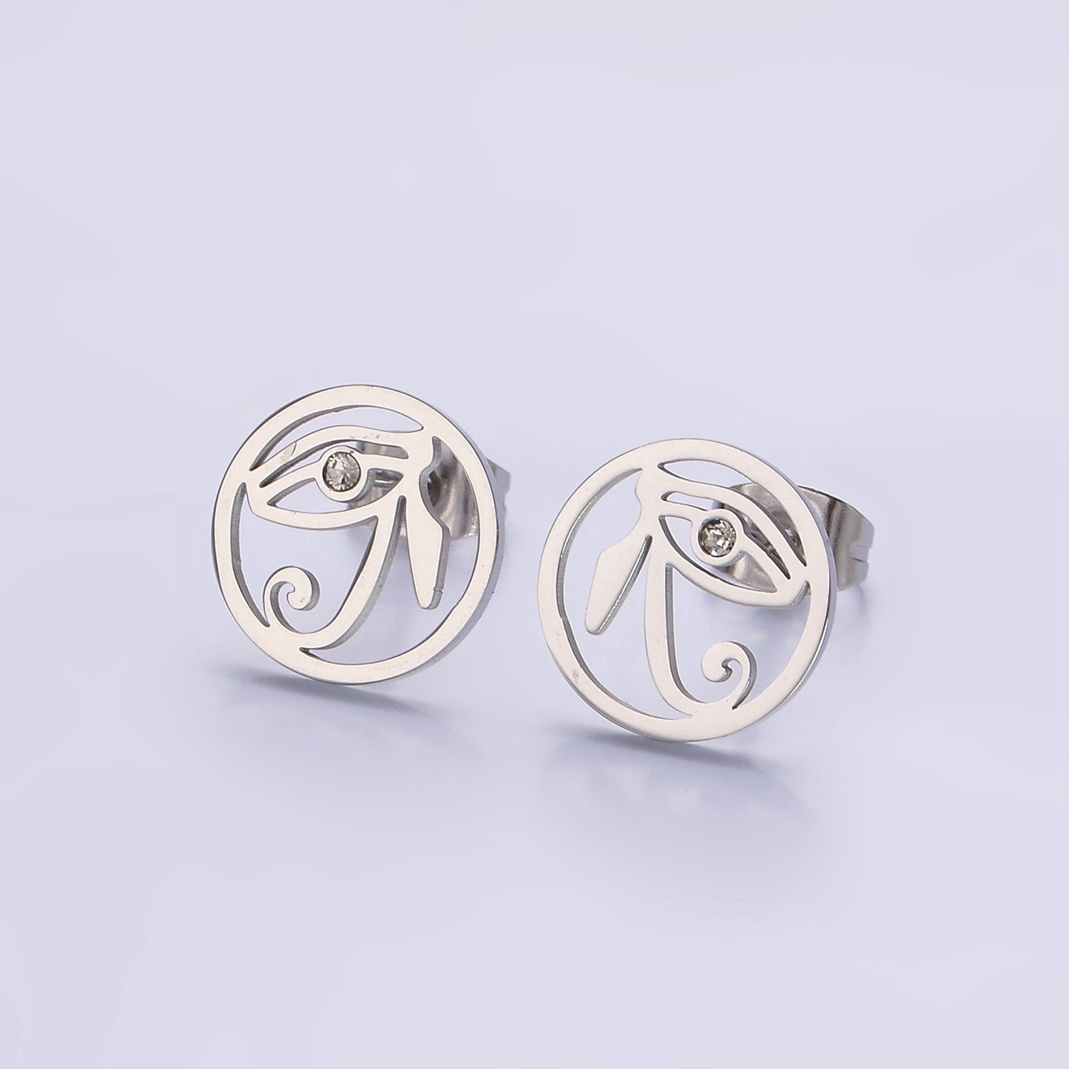 Stainless Steel 11.7mm Clear CZ Evil Eye of Ra Open Round Stud Earrings in Silver & Gold | AE871 AE872