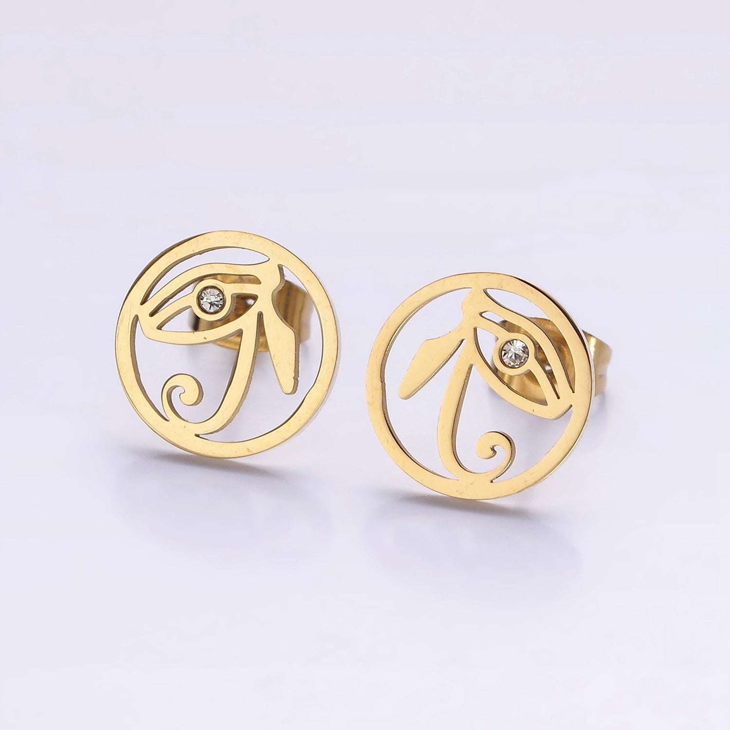 Stainless Steel 11.7mm Clear CZ Evil Eye of Ra Open Round Stud Earrings in Silver & Gold | AE871 AE872 - DLUXCA