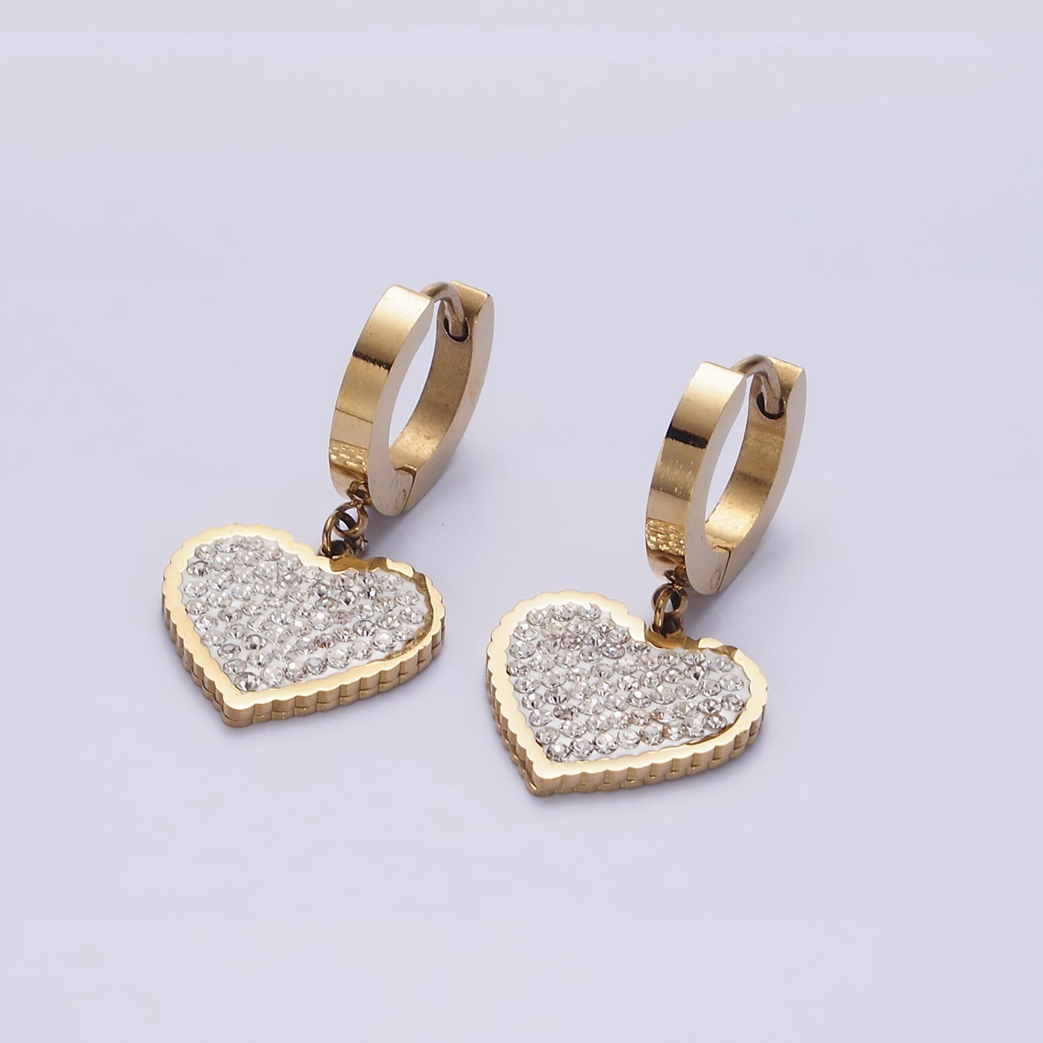 Stainless Steel Clear Micro Paved CZ Heart Drop Huggie Earrings | AE873 - DLUXCA