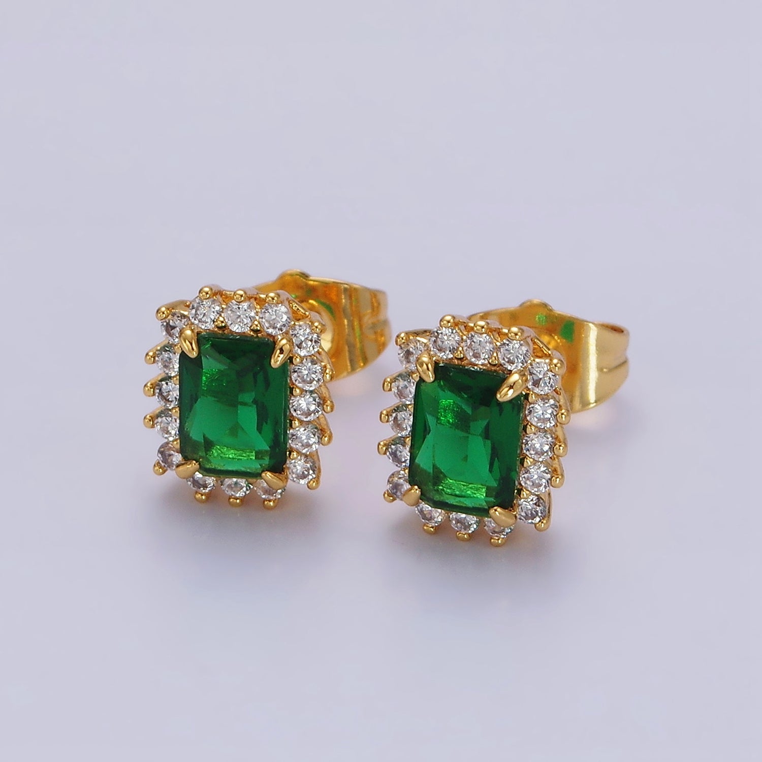 24K Gold Filled Yellow, Green, Pink, Purple, Red Baguette CZ Lined Stud Earrings | AE877 - AE881