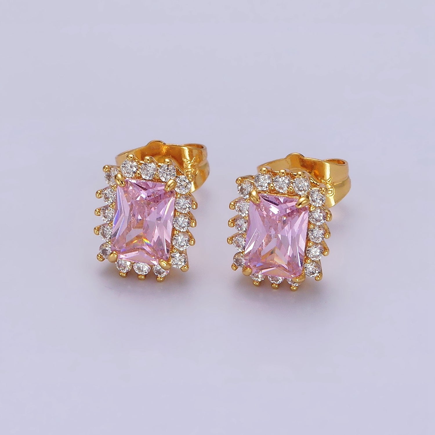 24K Gold Filled Yellow, Green, Pink, Purple, Red Baguette CZ Lined Stud Earrings | AE877 - AE881 - DLUXCA