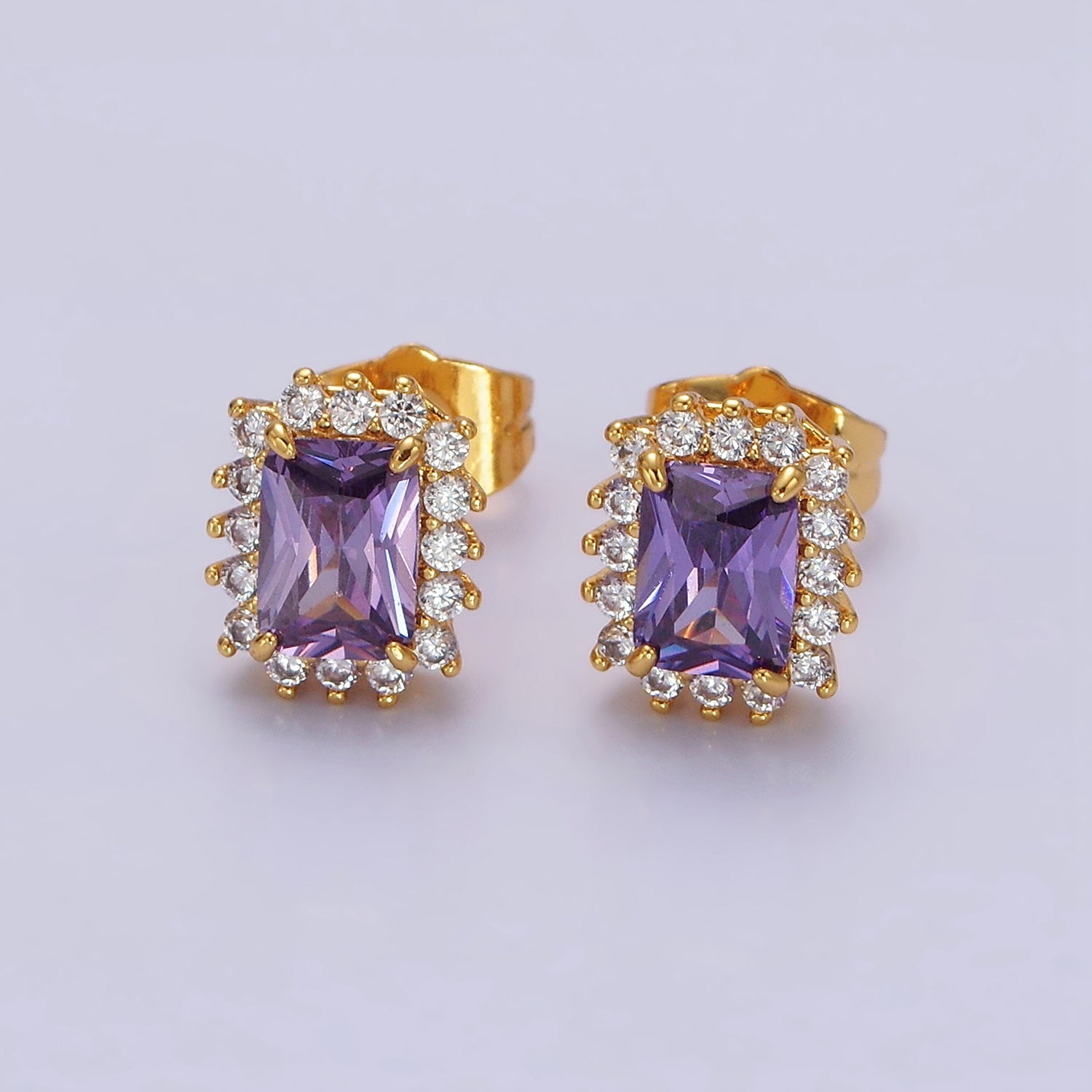 24K Gold Filled Yellow, Green, Pink, Purple, Red Baguette CZ Lined Stud Earrings | AE877 - AE881 - DLUXCA