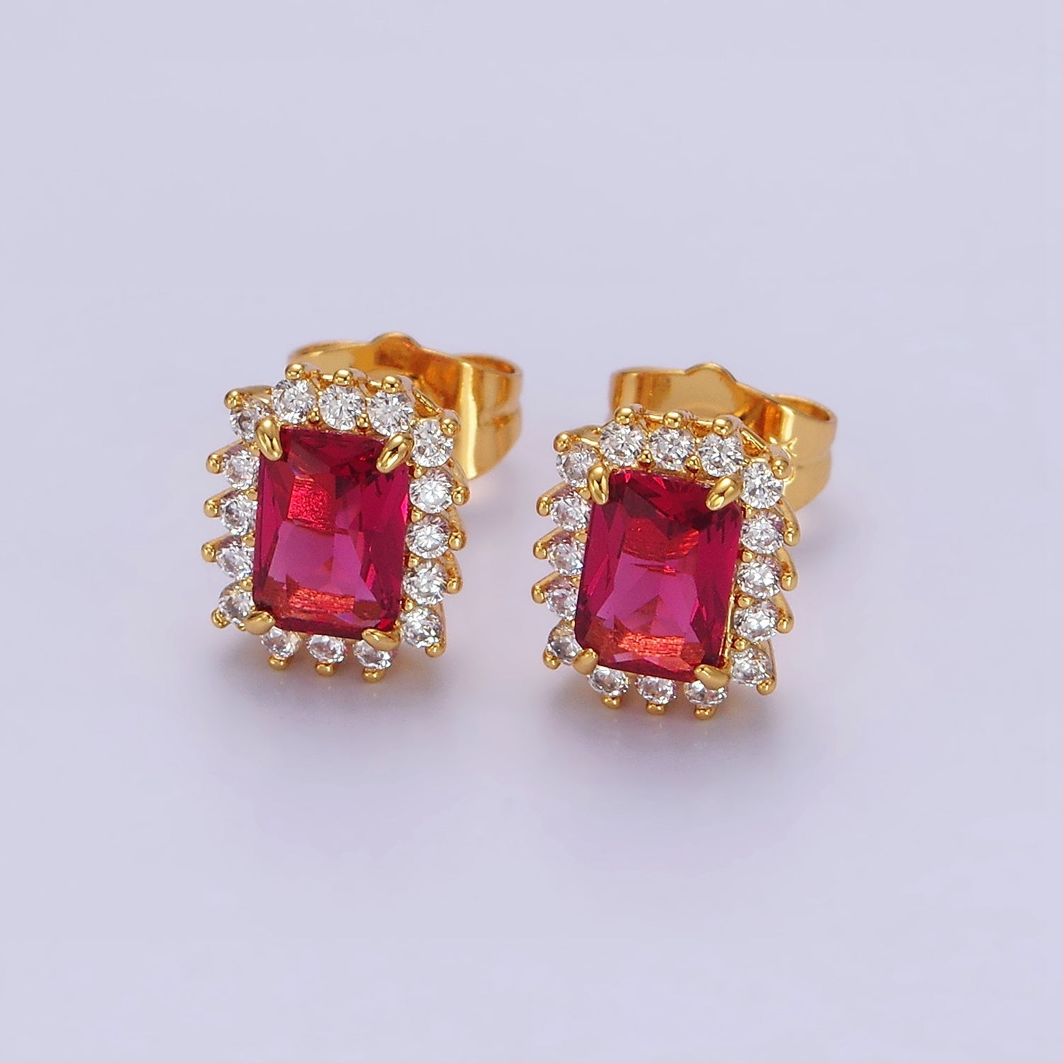 24K Gold Filled Yellow, Green, Pink, Purple, Red Baguette CZ Lined Stud Earrings | AE877 - AE881