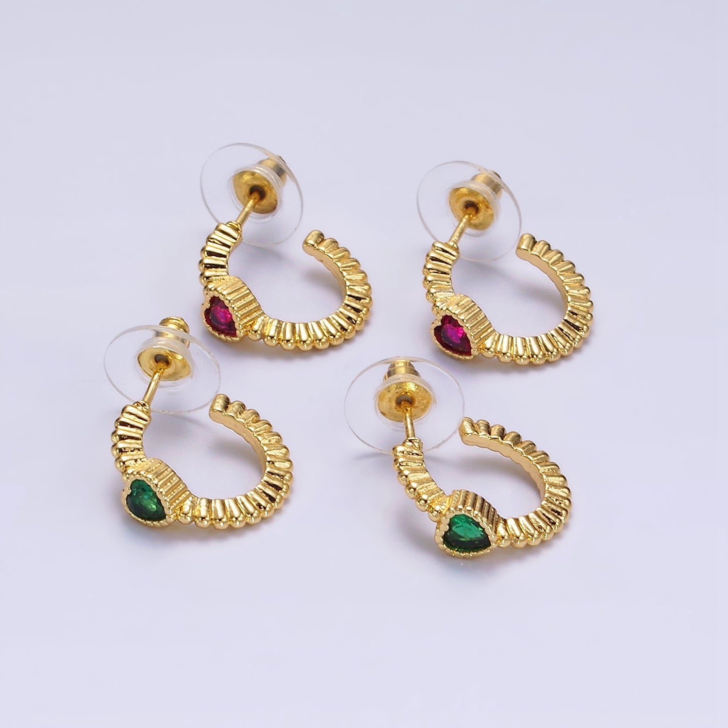 14K Gold Filled Clear, Fuchsia, Green Heart CZ Beaded 16mm C-Shaped Hoop Earrings | AE882 - AE884 - DLUXCA