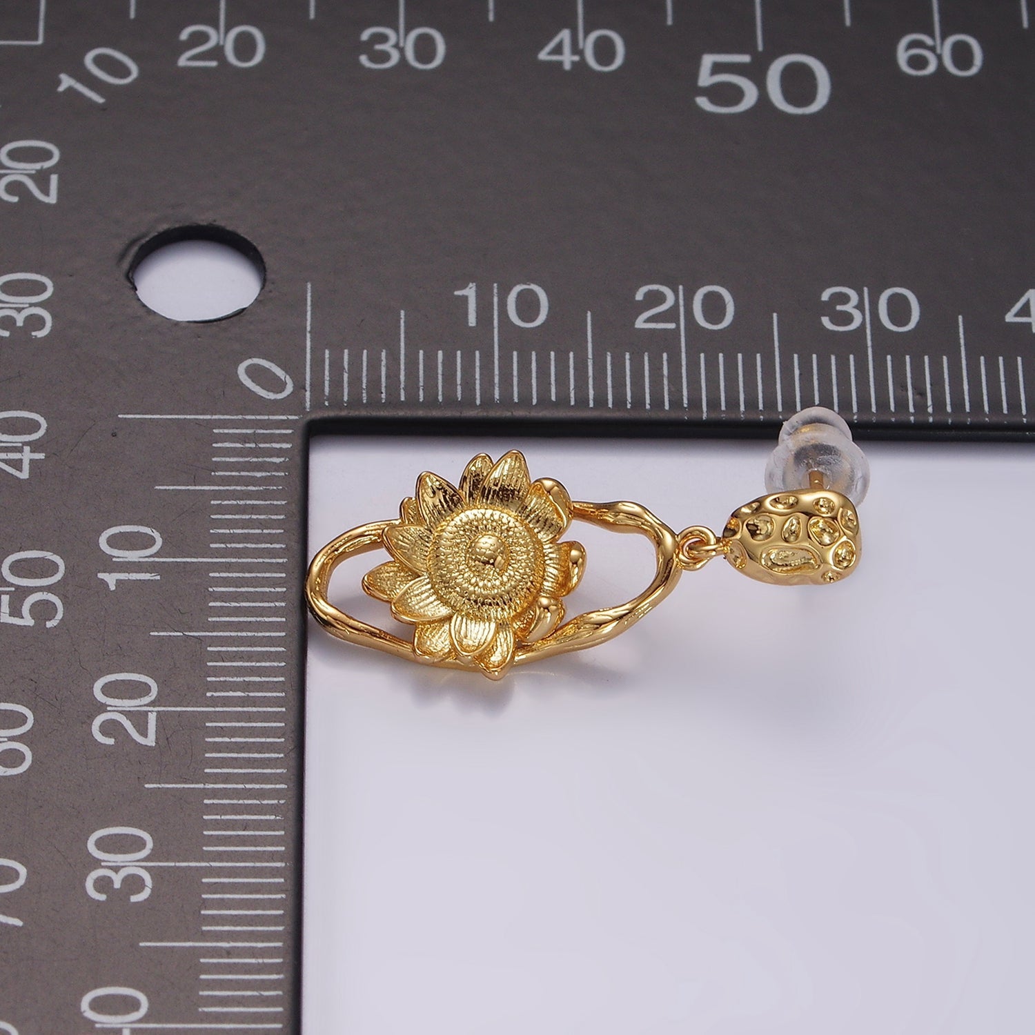 16K Gold Filled Flower Hammered Open Oblong Dented Oval Drop Stud Earrings | AE920 - DLUXCA