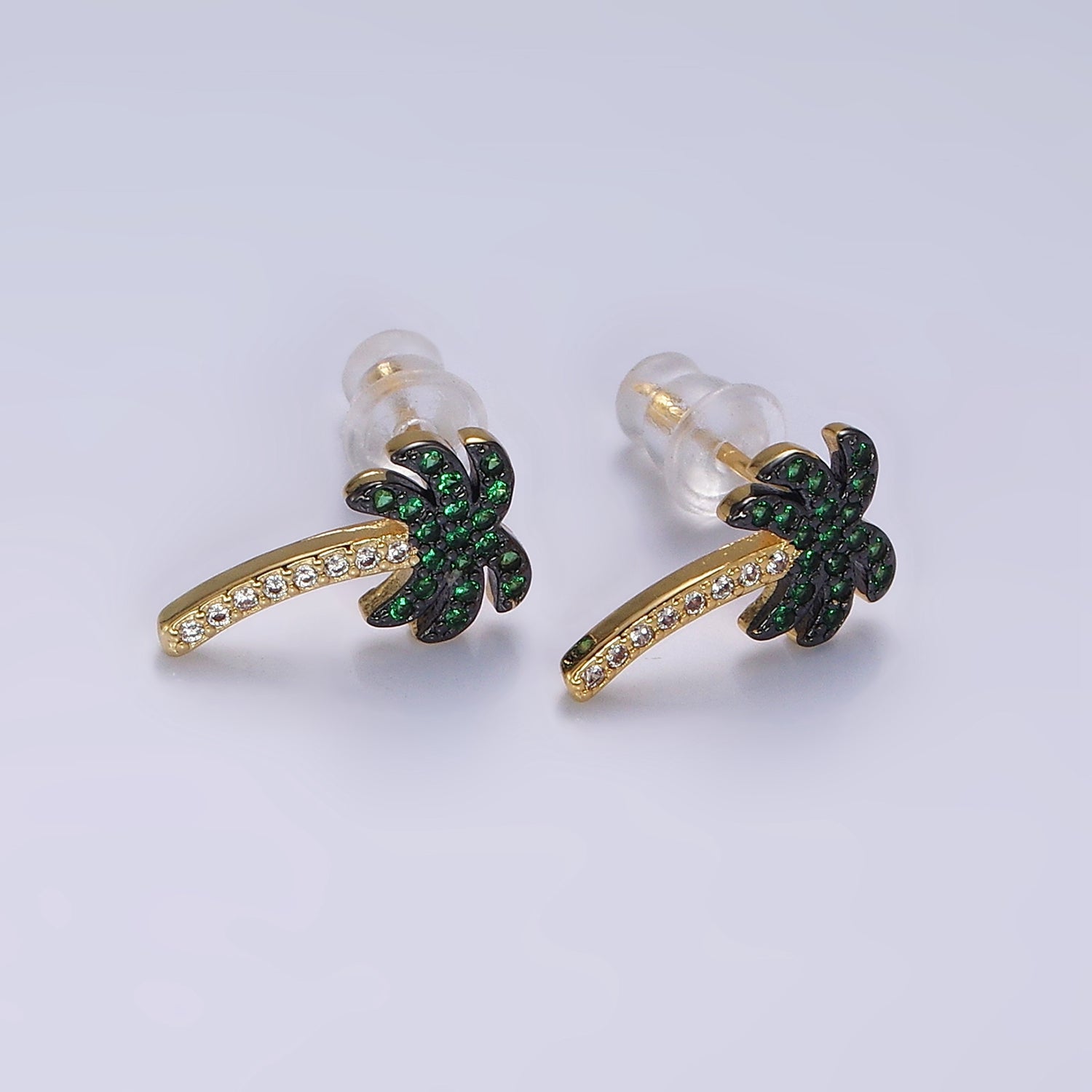 14K Gold Filled Tree Palm Leaf Green Micro Paved CZ Stud Earrings | AE921 - DLUXCA