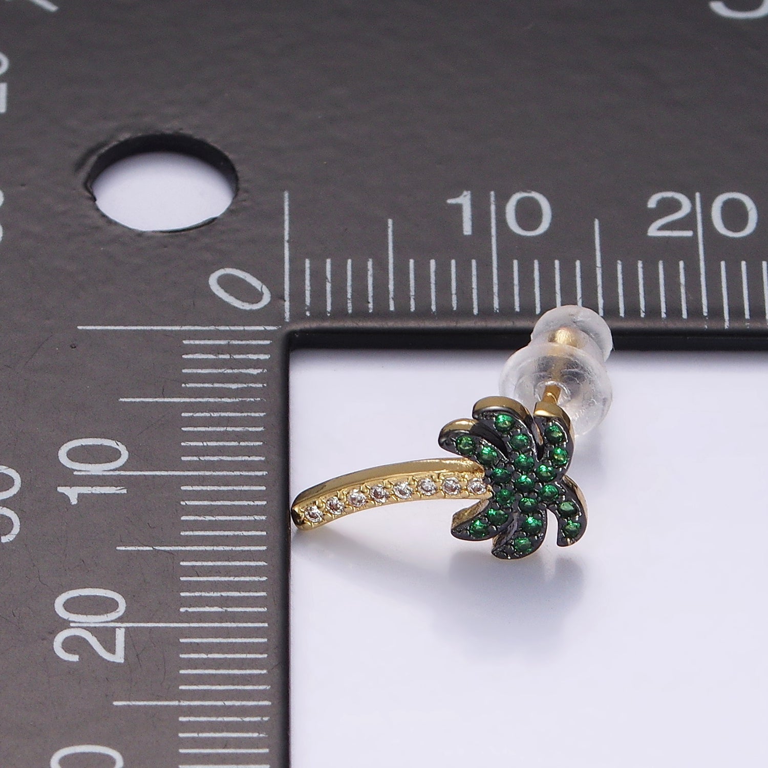 14K Gold Filled Tree Palm Leaf Green Micro Paved CZ Stud Earrings | AE921 - DLUXCA