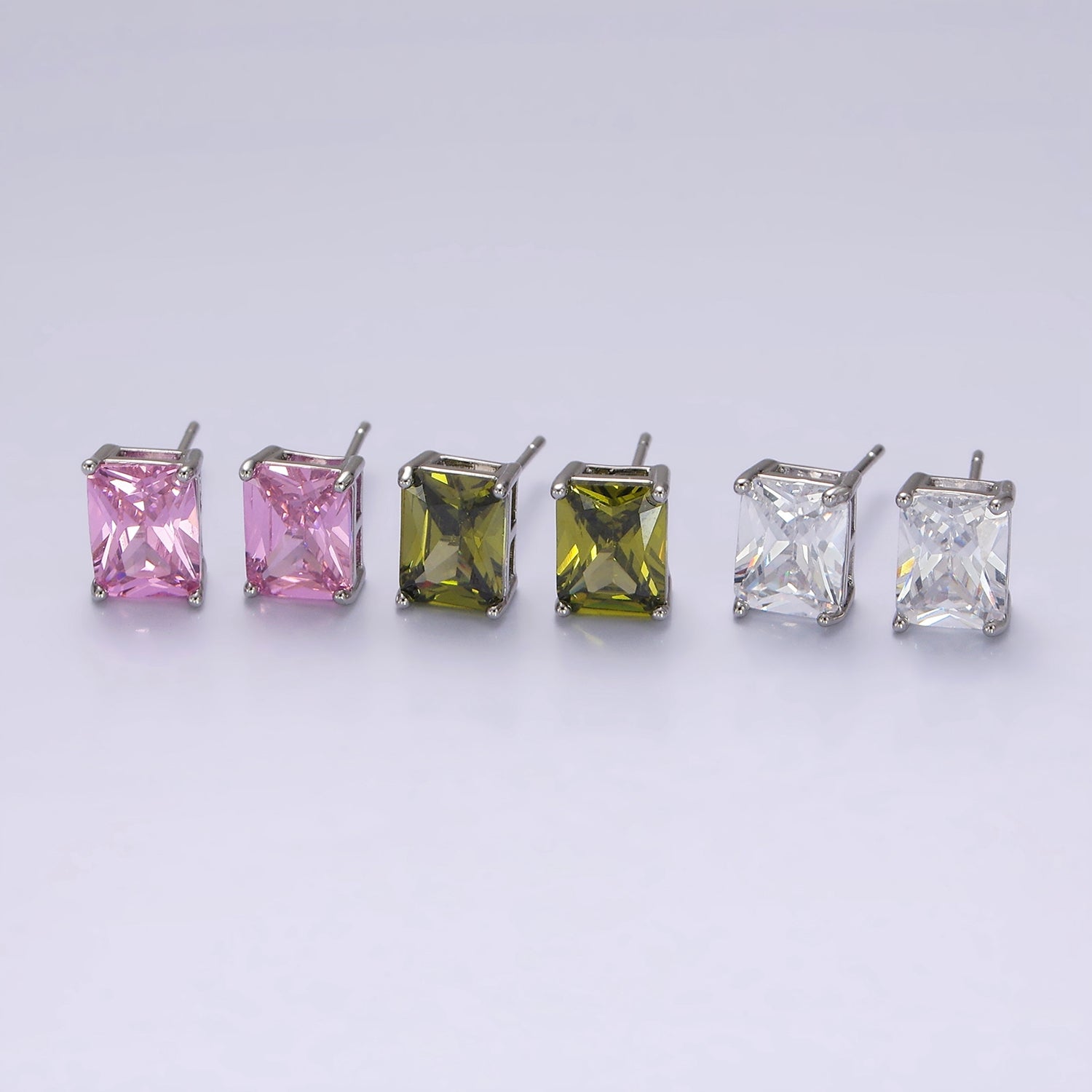 White Gold Filled Olive Green, Clear, Pink CZ Baguette Stud Earrings | AE922 - AE924 - DLUXCA