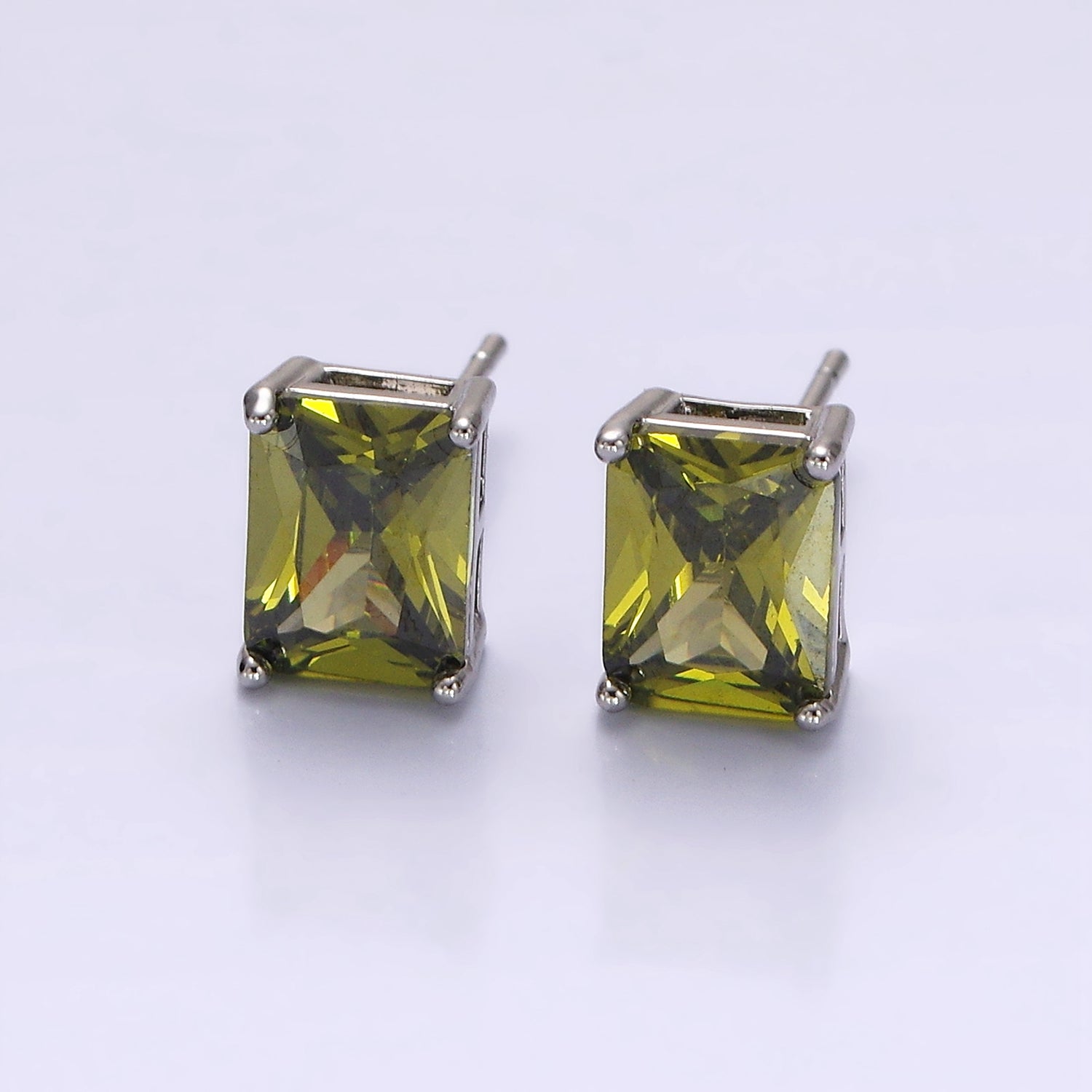 White Gold Filled Olive Green, Clear, Pink CZ Baguette Stud Earrings | AE922 - AE924