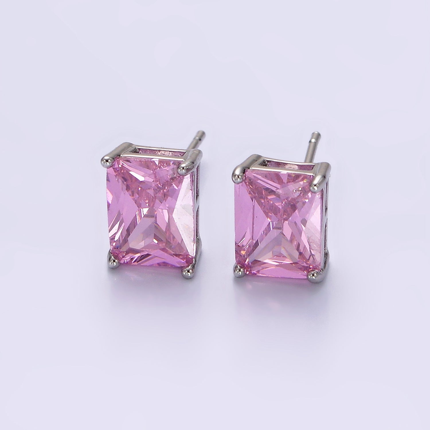 White Gold Filled Olive Green, Clear, Pink CZ Baguette Stud Earrings | AE922 - AE924 - DLUXCA