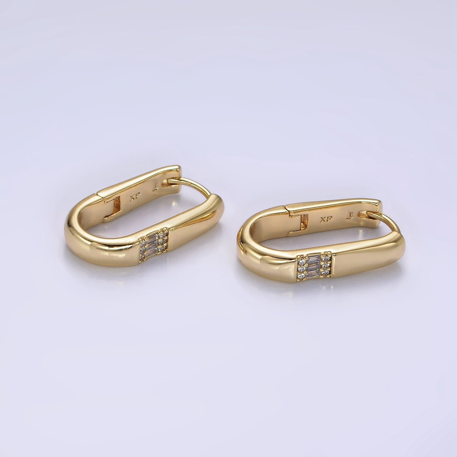 14K Gold Filled 20mm Oblong Triple Baguette Micro Paved CZ Hoop Earrings | AE931 - DLUXCA