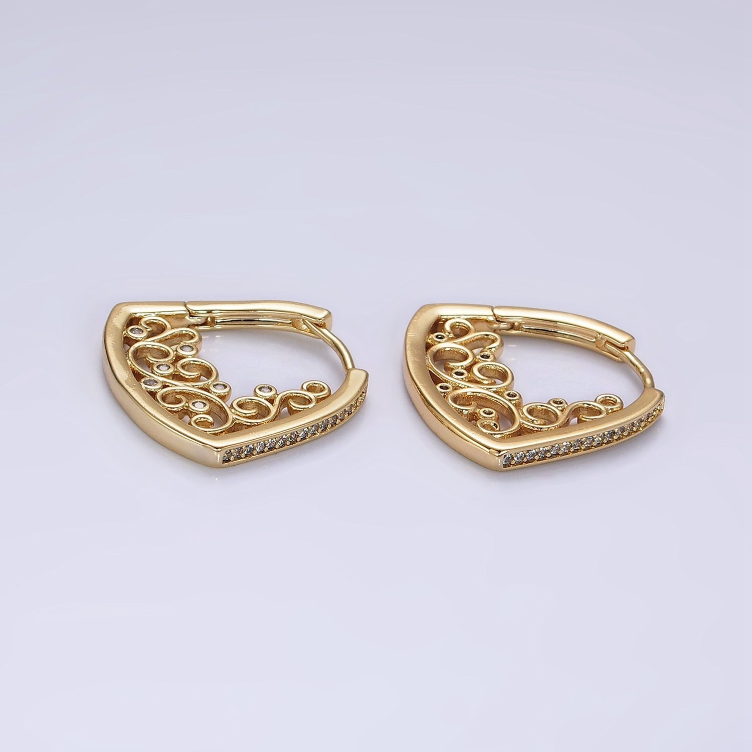 14K Gold Filled Micro Paved CZ Geometric Filigree Hoop Earrings | AE933