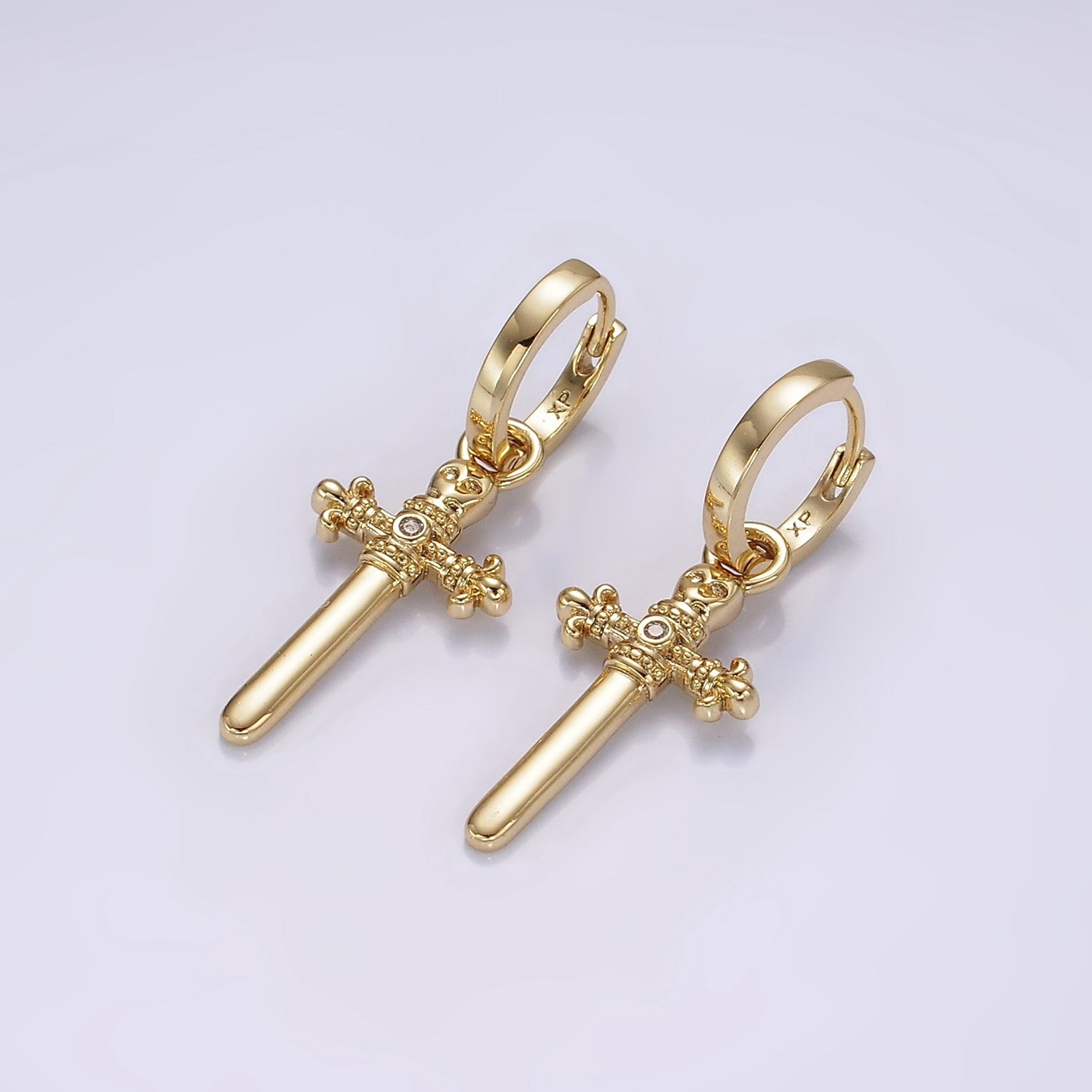 14K Gold Filled Artisan Fleury Cross Sword CZ Drop Huggie Earrings | AE934 - DLUXCA