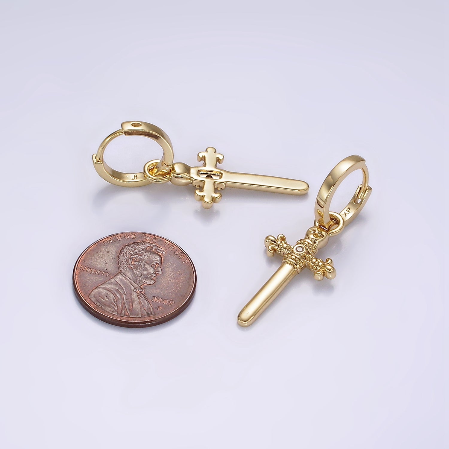 14K Gold Filled Artisan Fleury Cross Sword CZ Drop Huggie Earrings | AE934 - DLUXCA