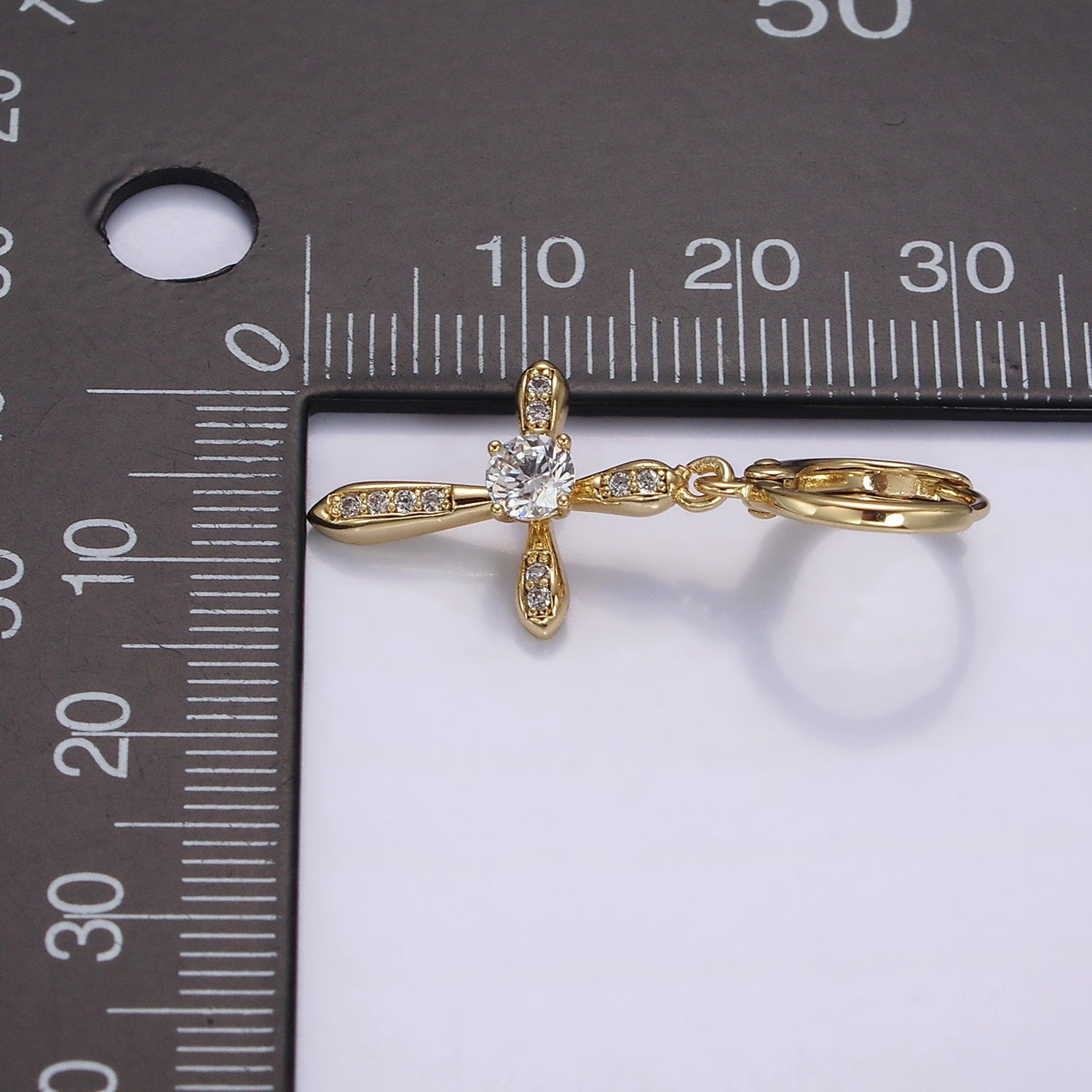 14K Gold Filled Micro Paved CZ Religious Cross Drop Huggie Earrings | AE935 - DLUXCA