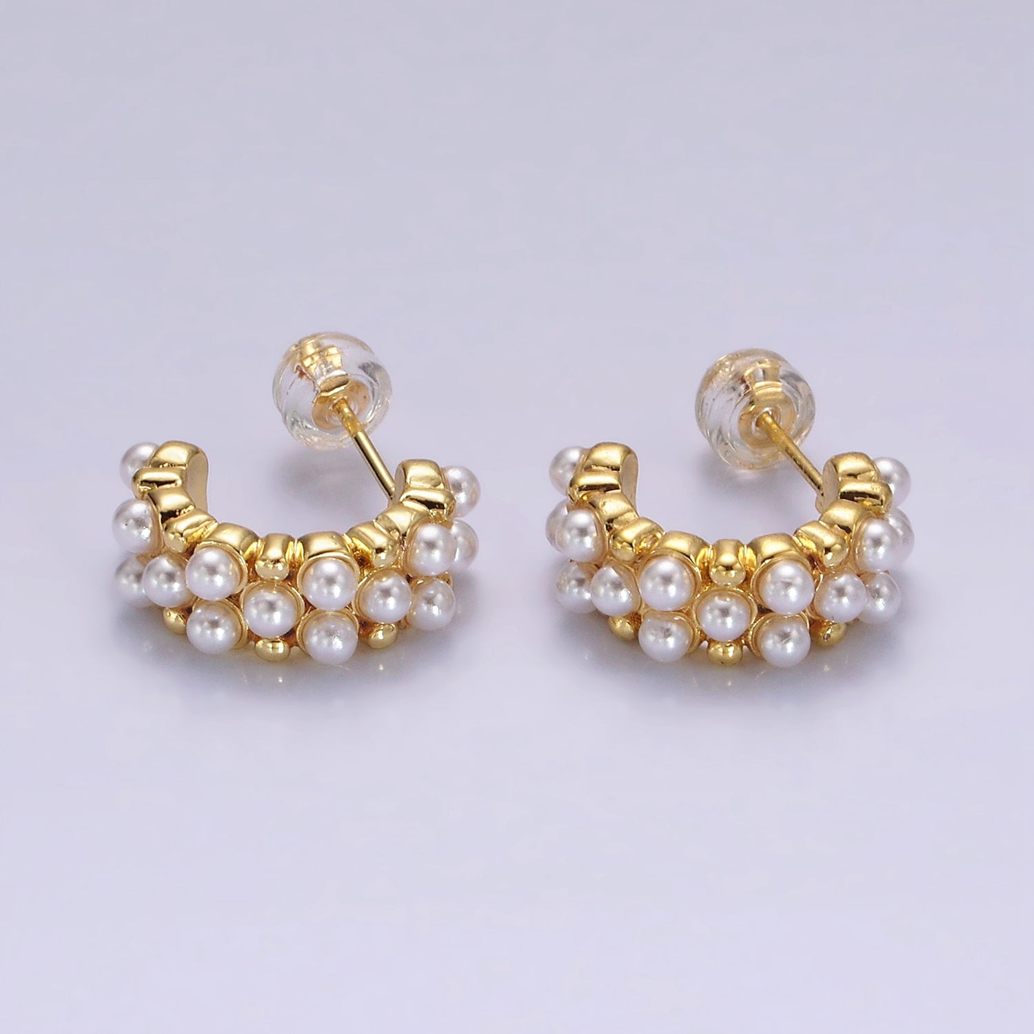 14K Gold Filled Pearl Dotted Wide C-Shaped Hoop Earrings in Gold & Silver | AE943 AE944 - DLUXCA