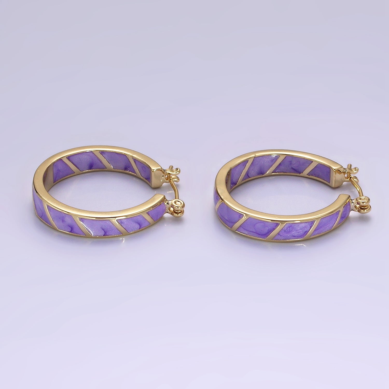 14K Gold Filled Purple, Teal, Pink, White Enamel Front-Facing Round Latch Hoop Earrings | AE945 - AE948