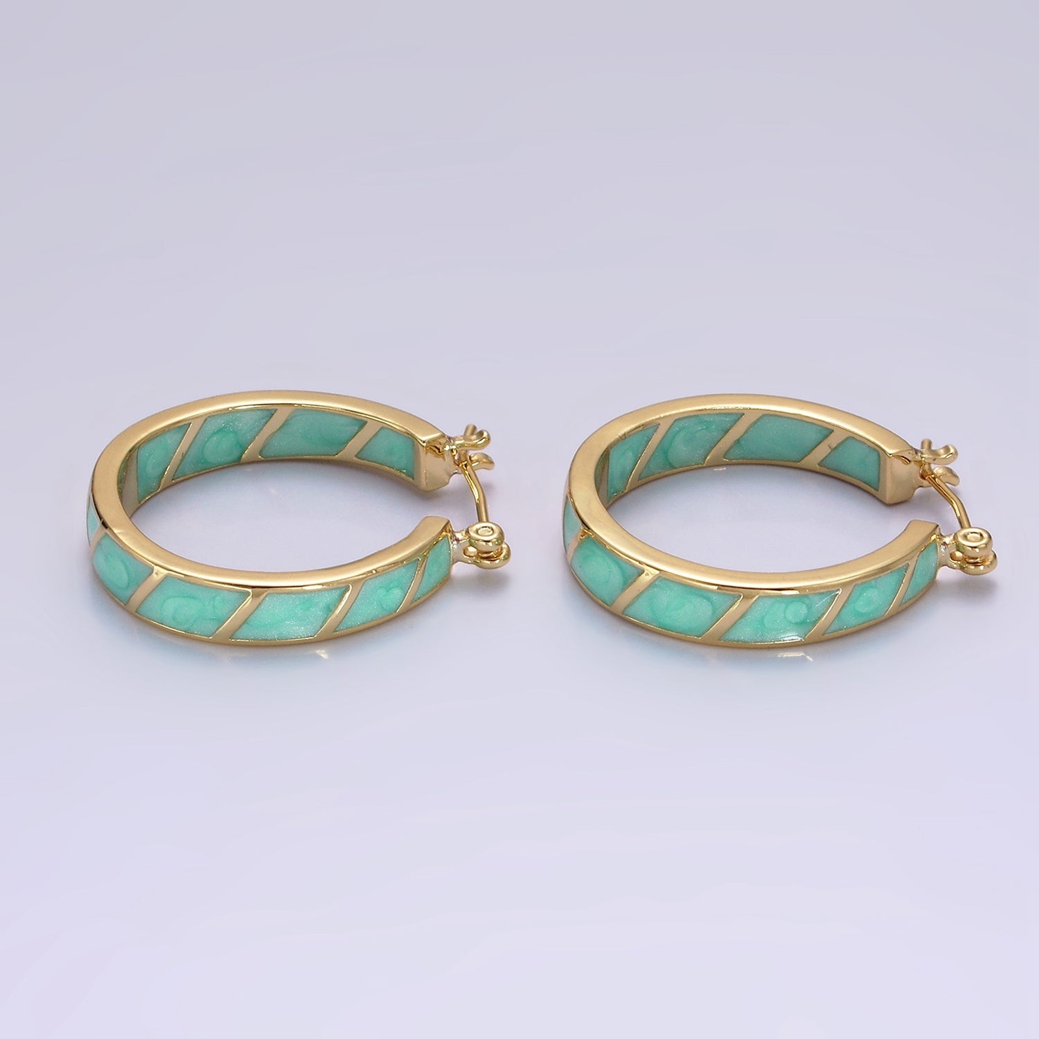 14K Gold Filled Purple, Teal, Pink, White Enamel Front-Facing Round Latch Hoop Earrings | AE945 - AE948 - DLUXCA