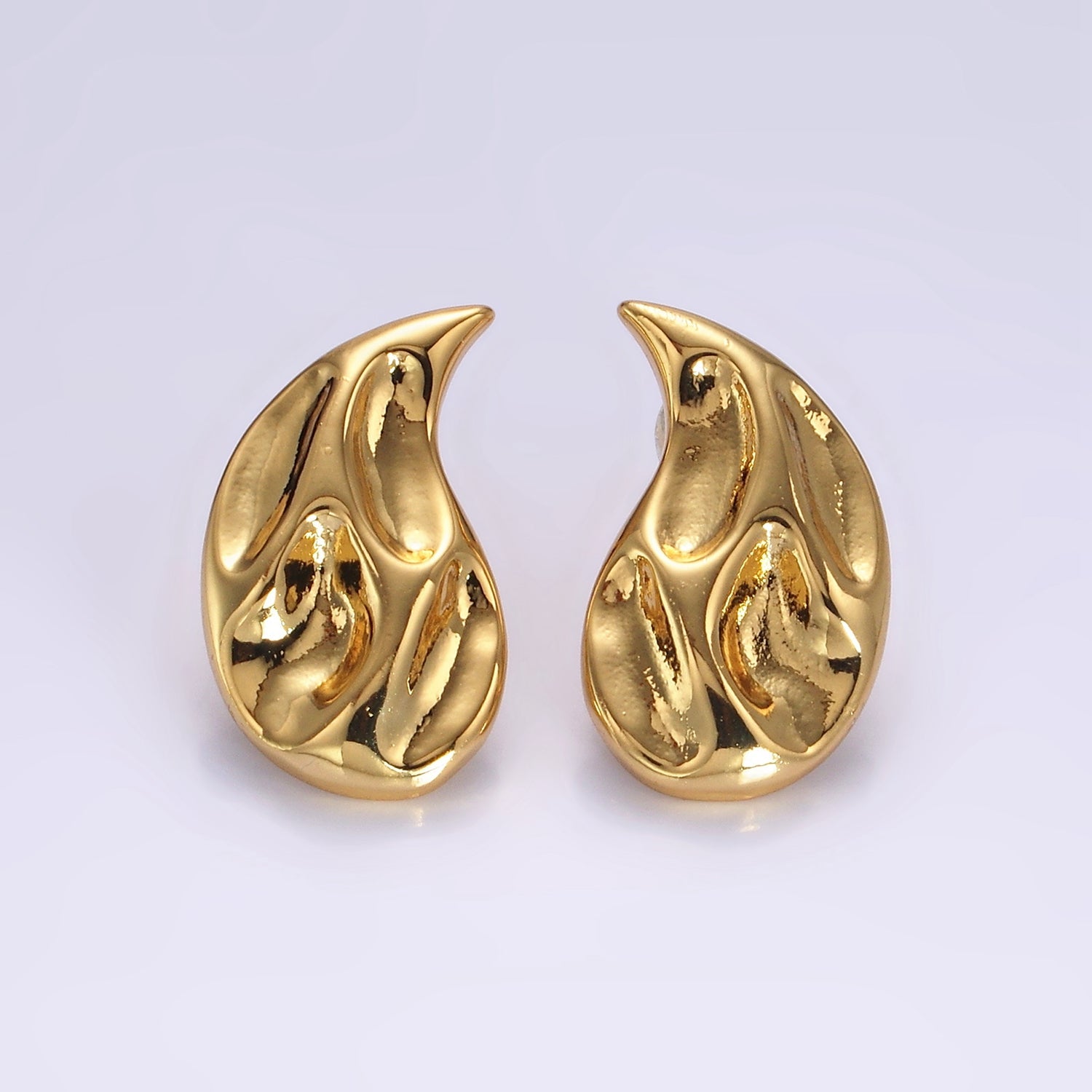 14K Gold Filled Dented Molten Fire Curved Teardrop Set Stud Earrings in Gold & Silver | AE-108 AE-109