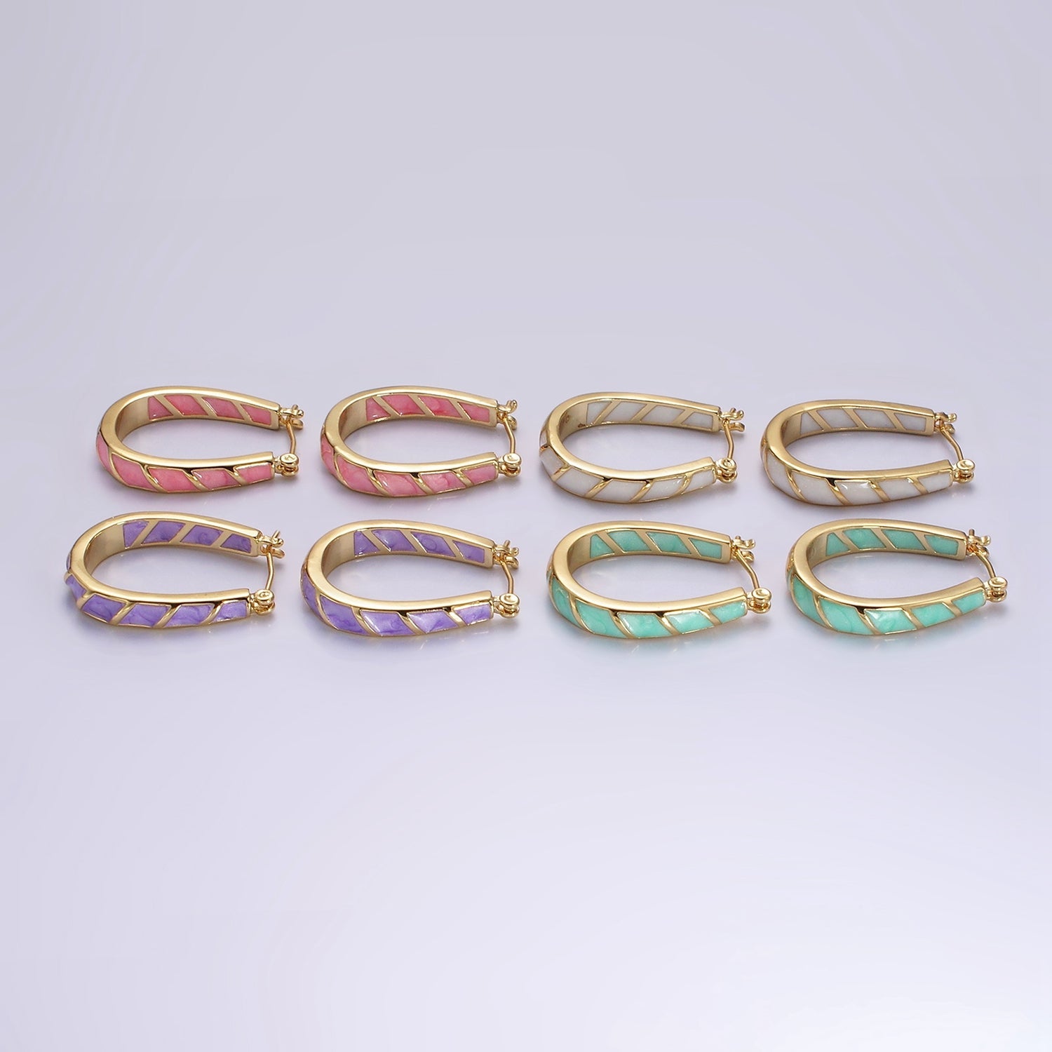 14K Gold Filled Purple, Teal, Pink, White Enamel Front-Facing U-Shaped Latch Hoop Earrings | AE951 - AE954 - DLUXCA