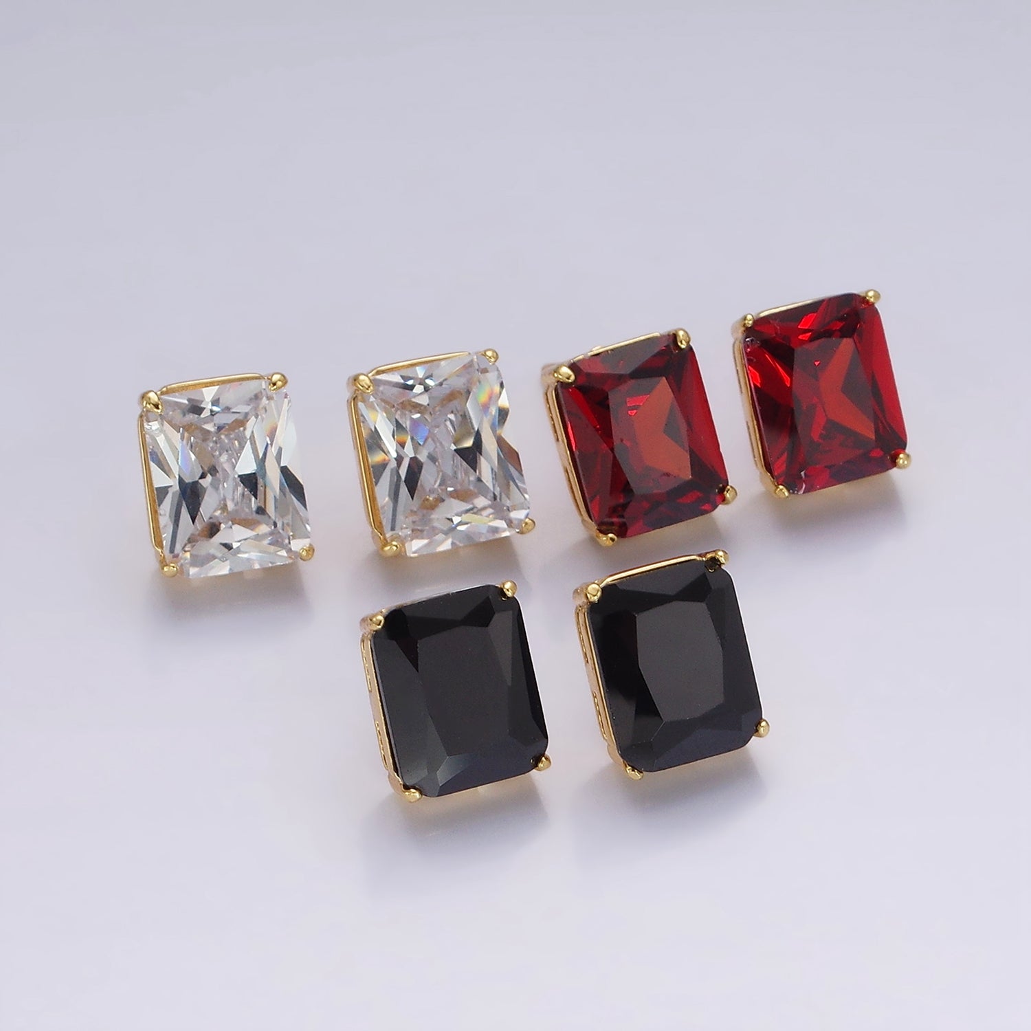 14K Gold Filled 10mm Red, Black, Clear CZ Baguette Stud Earrings | AE958 - AE960 - DLUXCA