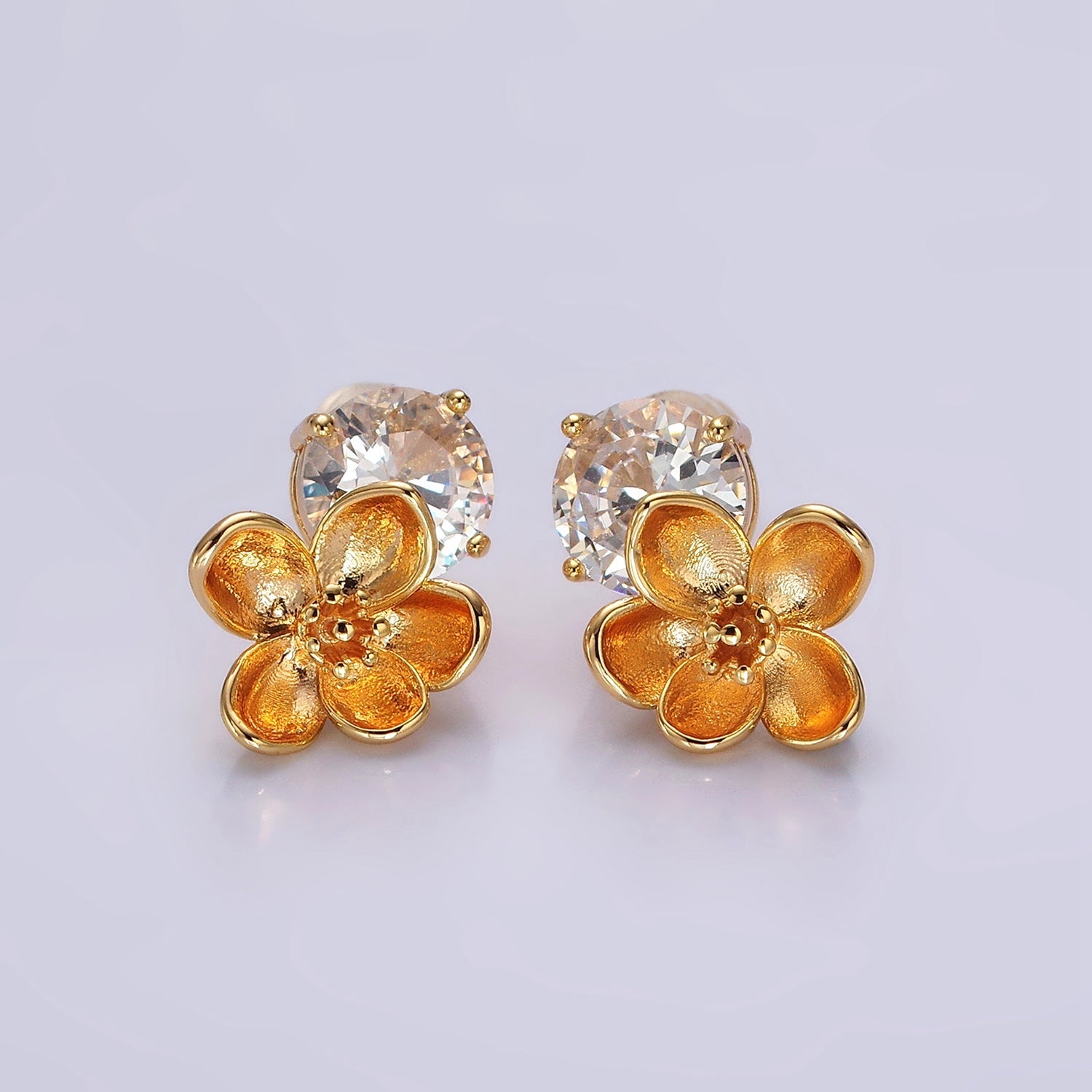 14K Gold Filled Flower Drop Clear CZ Round Stud Earrings Set | AE970 - DLUXCA