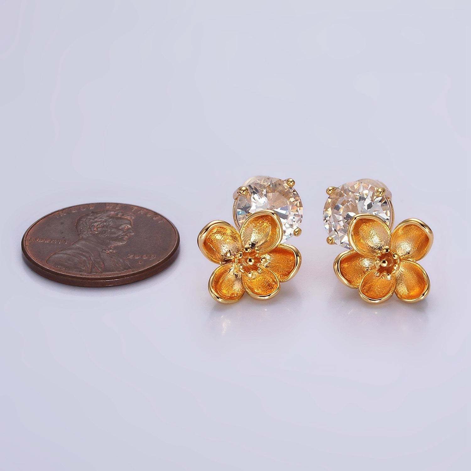 14K Gold Filled Flower Drop Clear CZ Round Stud Earrings Set | AE970 - DLUXCA