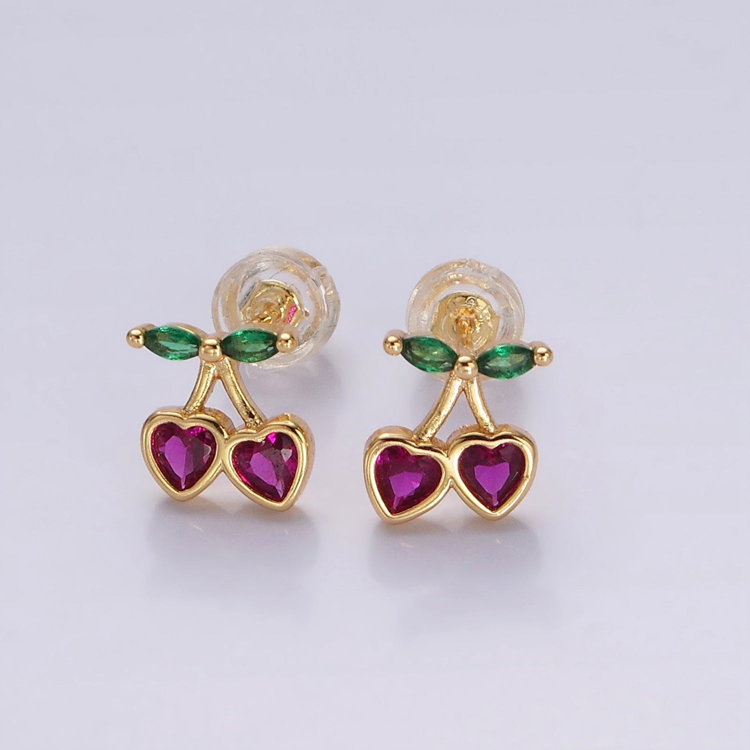 14K Gold Filled Fuchsia CZ Heart Cherry Fruit Stud Earrings | AE971 - DLUXCA