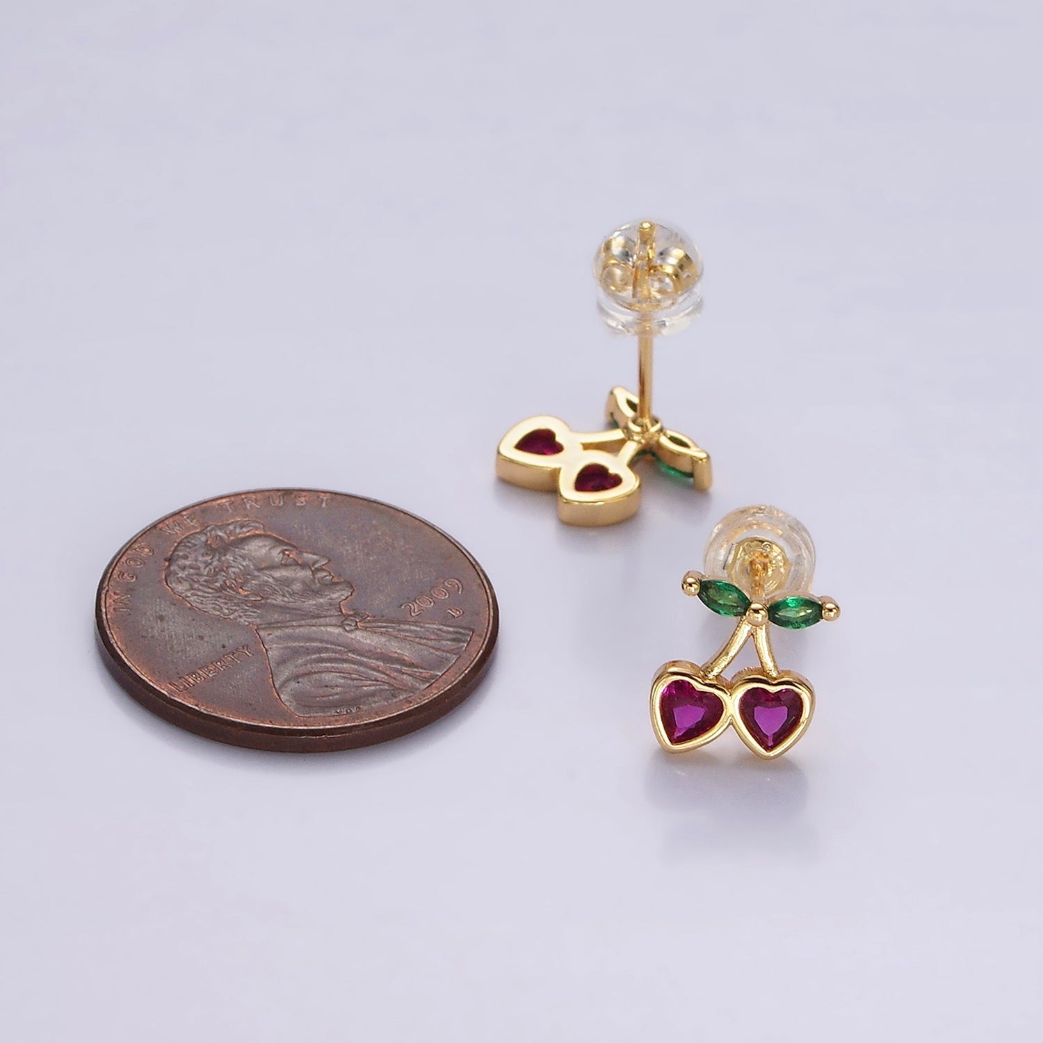 14K Gold Filled Fuchsia CZ Heart Cherry Fruit Stud Earrings | AE971 - DLUXCA