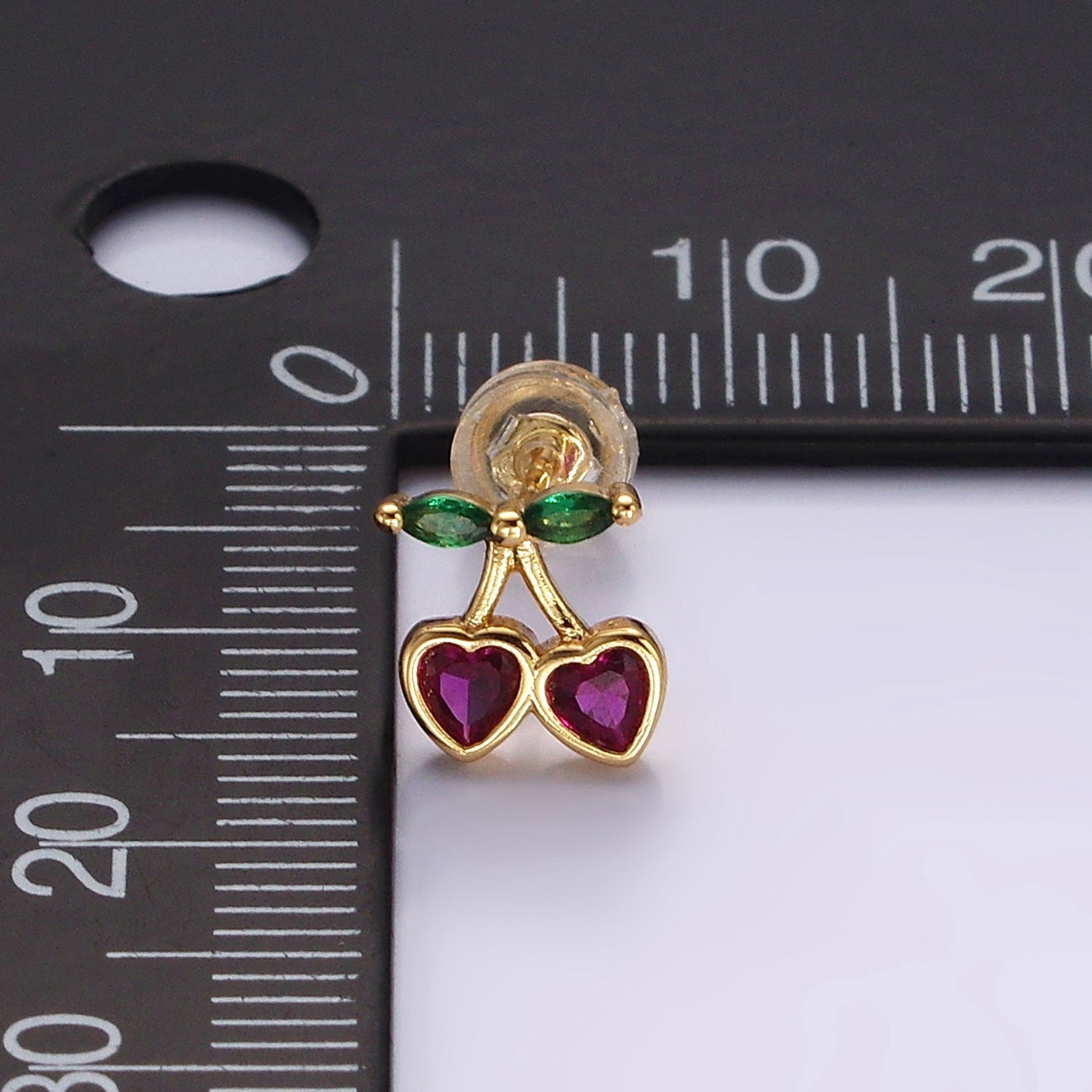 14K Gold Filled Fuchsia CZ Heart Cherry Fruit Stud Earrings | AE971 - DLUXCA