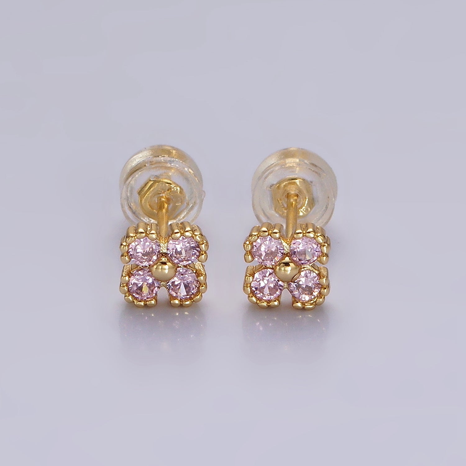 14K Gold Filled Mini Pink, Clear CZ Clover Quatrefoil Stud Earrings in Gold & Silver | AE972 - AE973