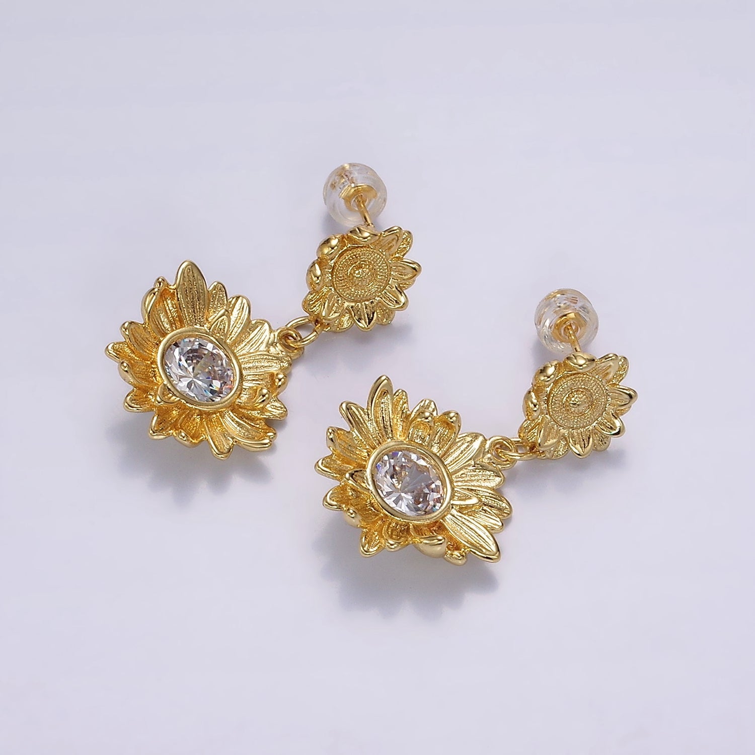 14K Gold Filled Clear CZ Sunflower Nature Drop Stud Earrings in Gold & Silver | AE976 AE977