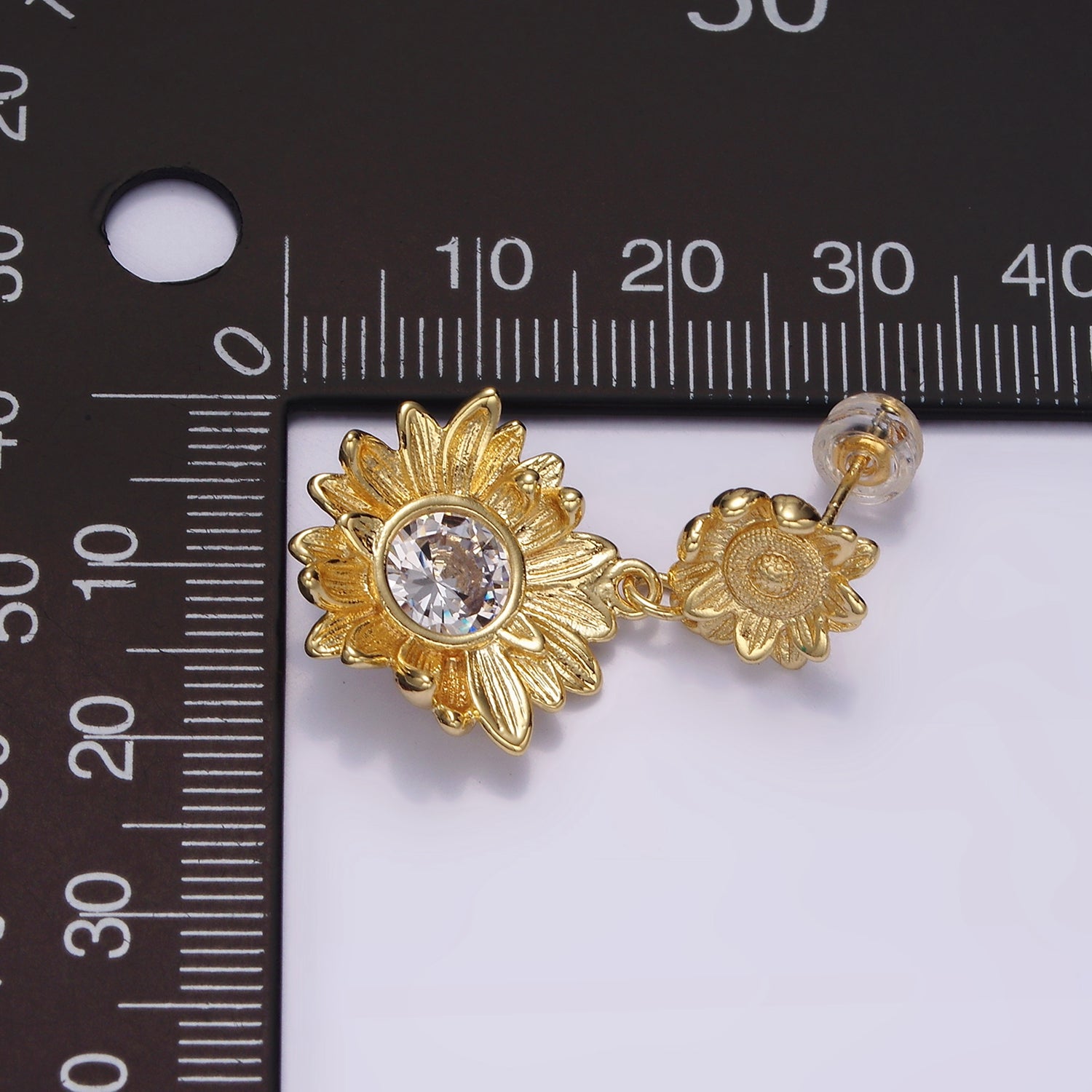 14K Gold Filled Clear CZ Sunflower Nature Drop Stud Earrings in Gold & Silver | AE976 AE977 - DLUXCA