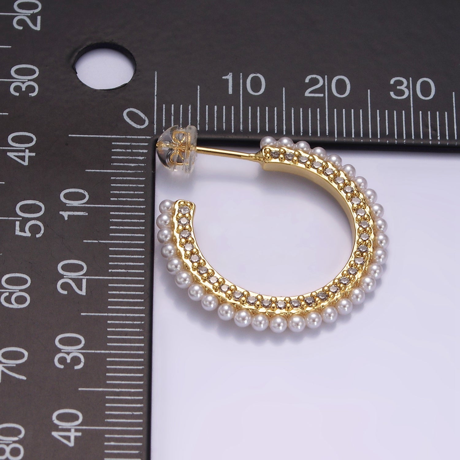 14K Gold Filled 25mm Micro Paved CZ Pearl Dotted C-Shaped Hoop Earrings | AE978 - DLUXCA