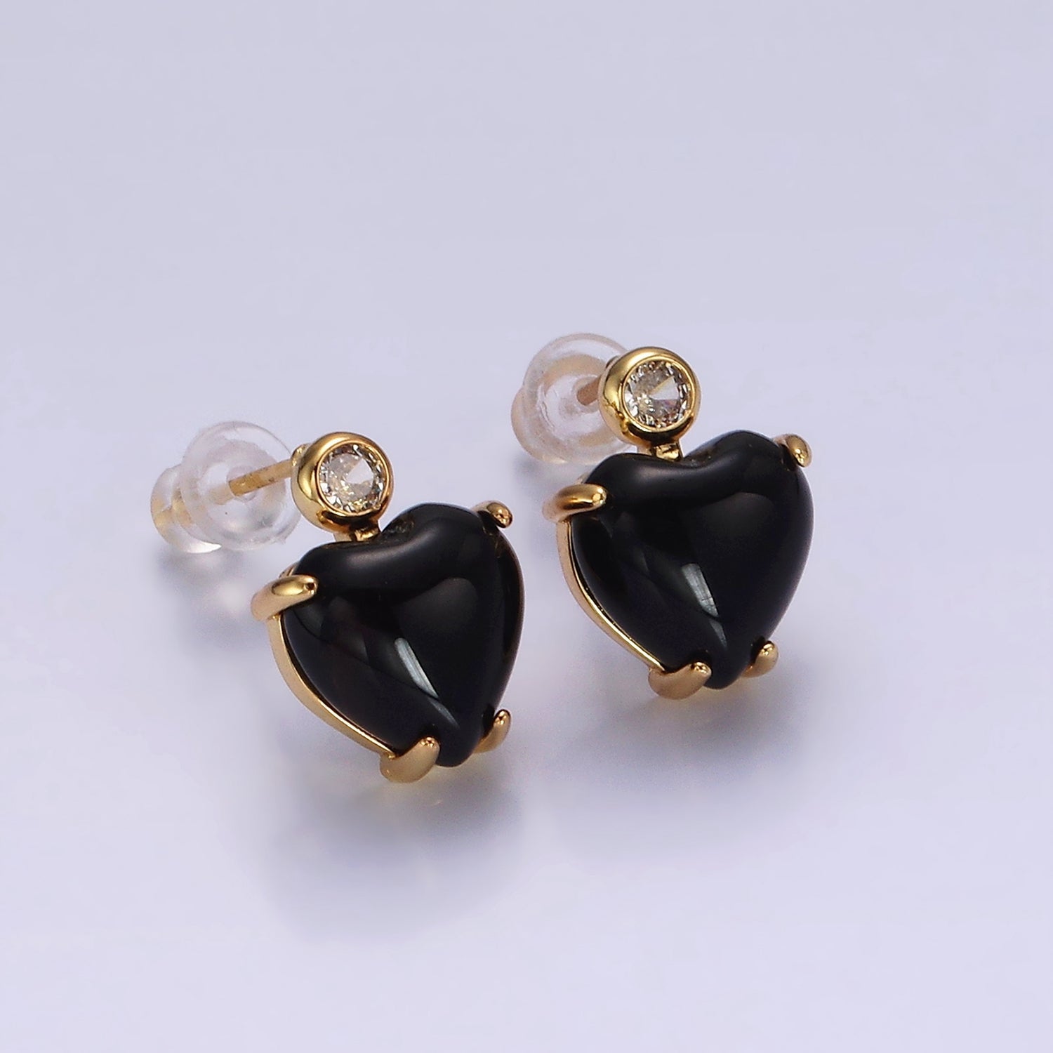 14K Gold Filled Black Onyx Heart Clear CZ Drop Stud Earrings | AE983 - DLUXCA