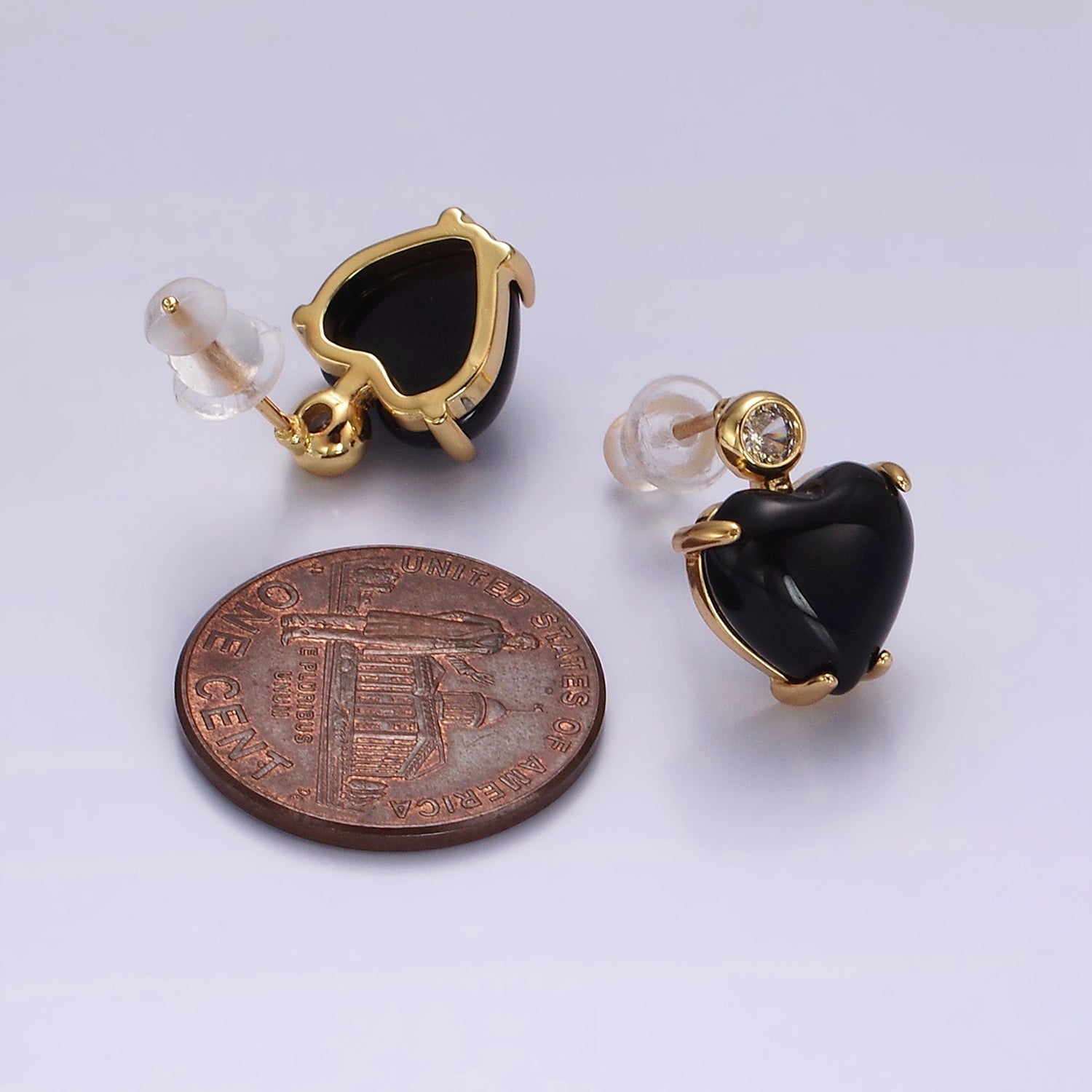 14K Gold Filled Black Onyx Heart Clear CZ Drop Stud Earrings | AE983 - DLUXCA