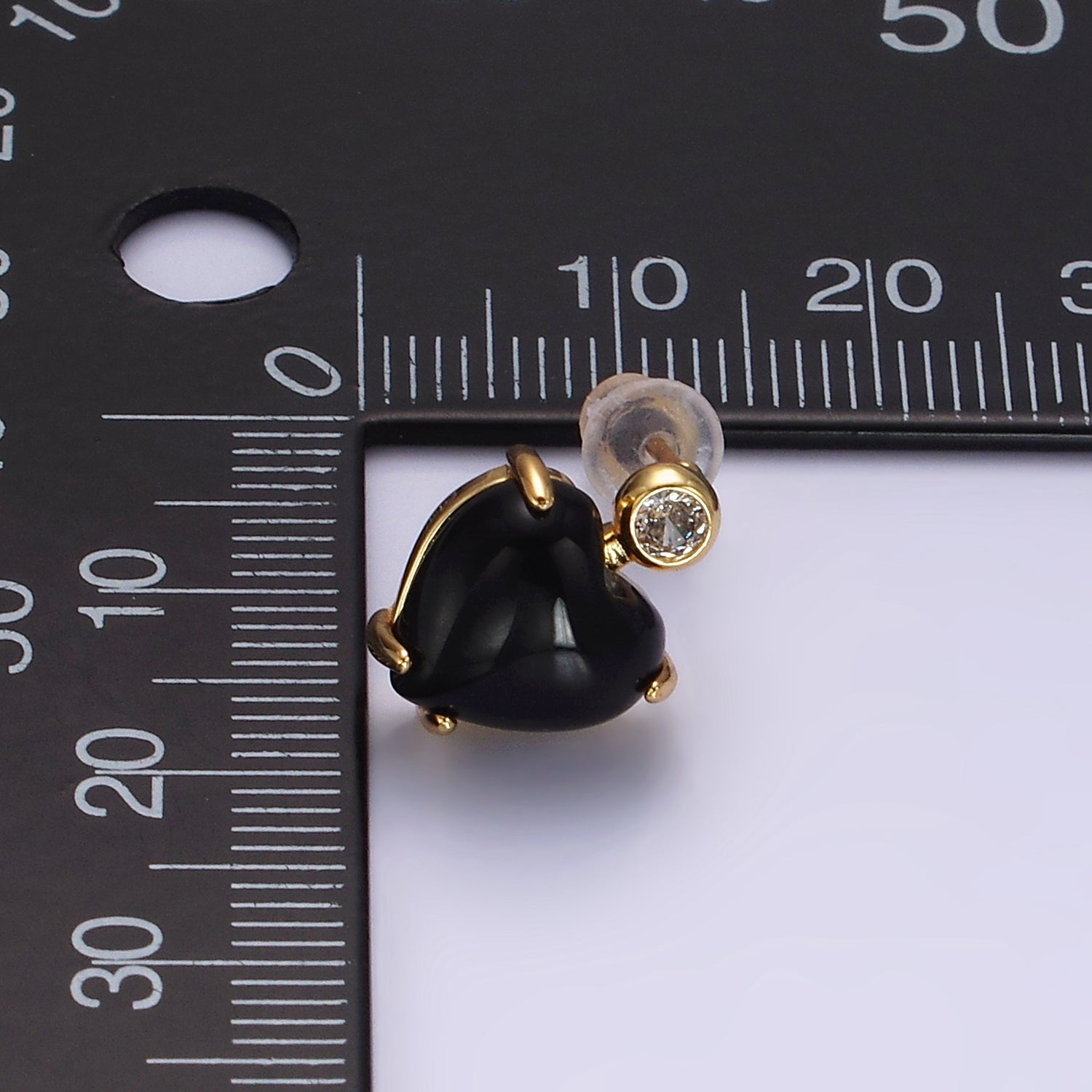 14K Gold Filled Black Onyx Heart Clear CZ Drop Stud Earrings | AE983 - DLUXCA