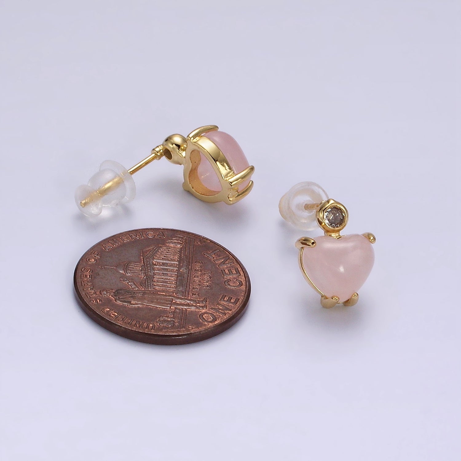 14K Gold Filled Rose Quartz Heart Clear CZ Drop Stud Earrings | AE985 - DLUXCA