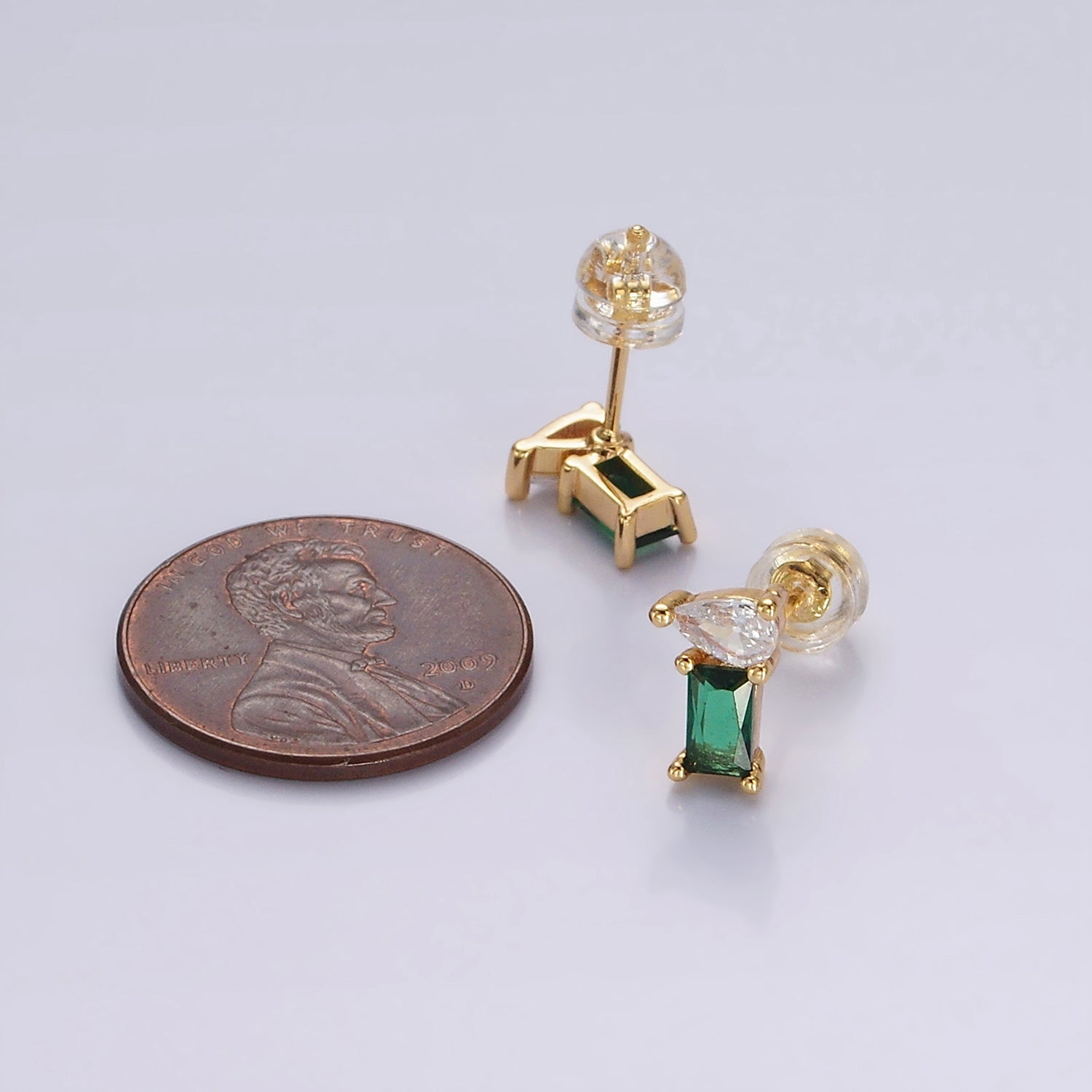 14K Gold Filled Green Baguette Clear Teardrop Stud Earrings Set | AE990 - DLUXCA