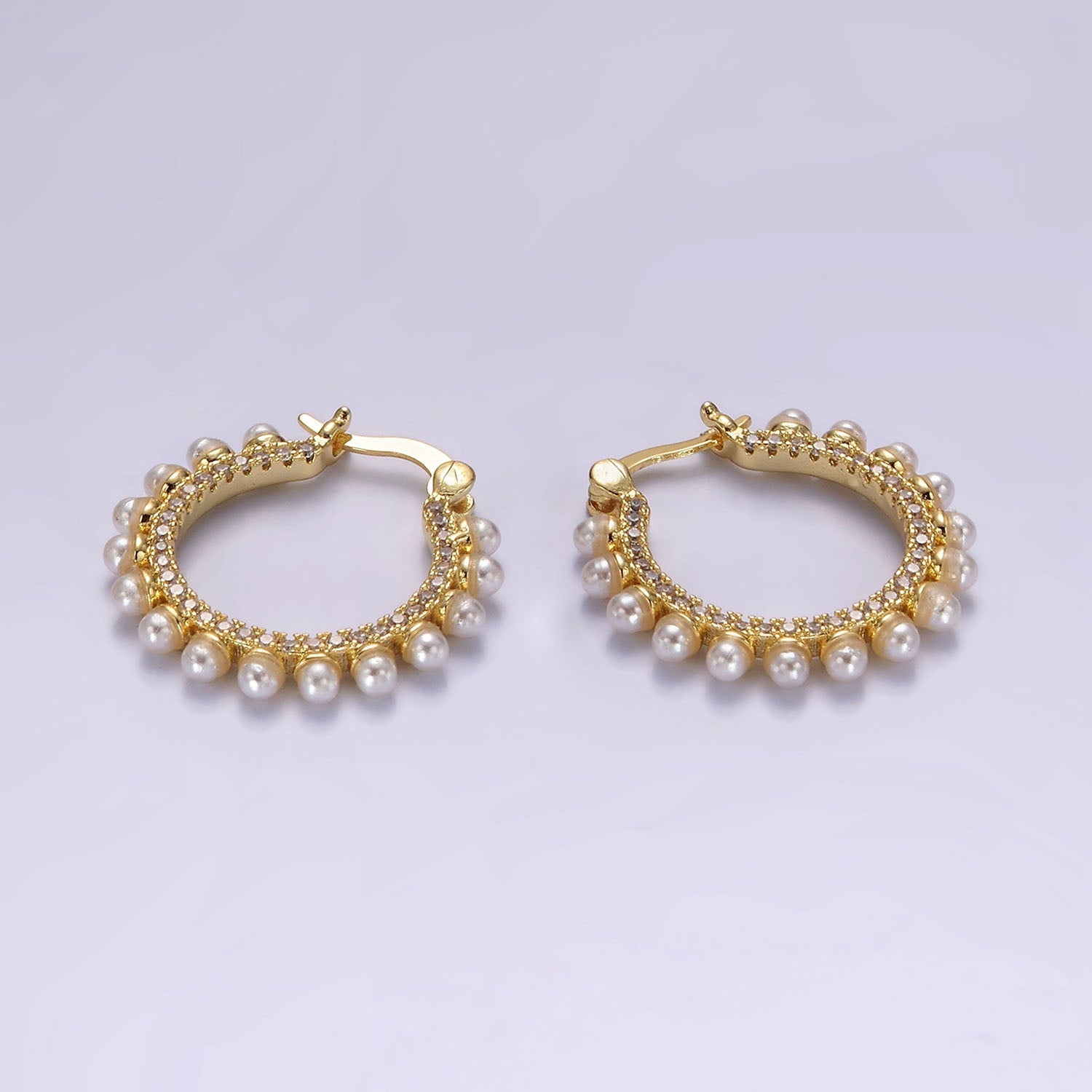 14K Gold Filled Micro Paved CZ Pearl Dotted Latch Hoop Earrings in Gold & Silver | AE993 AE994 - DLUXCA