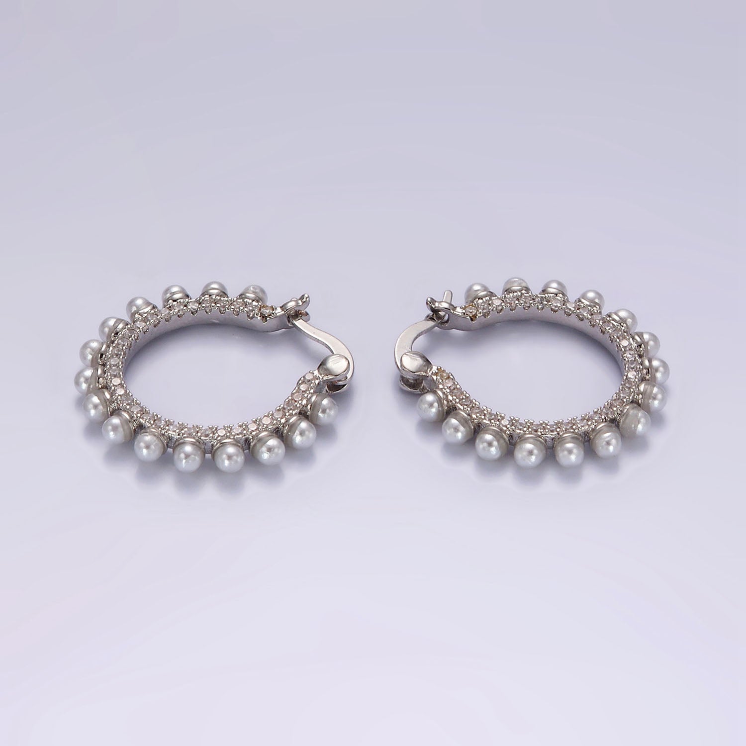 14K Gold Filled Micro Paved CZ Pearl Dotted Latch Hoop Earrings in Gold & Silver | AE993 AE994