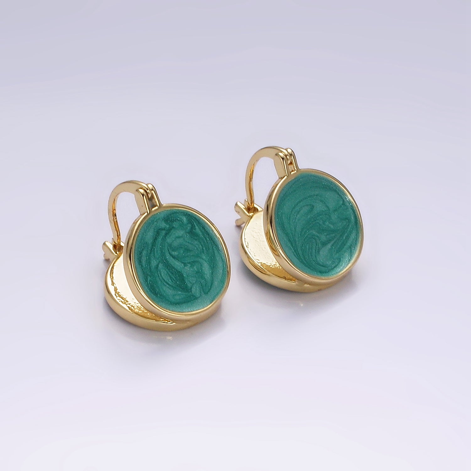 14K Gold Filled Teal, White Enamel Round Triangle Latch Hoop Earrings | AE996 AE997 - DLUXCA