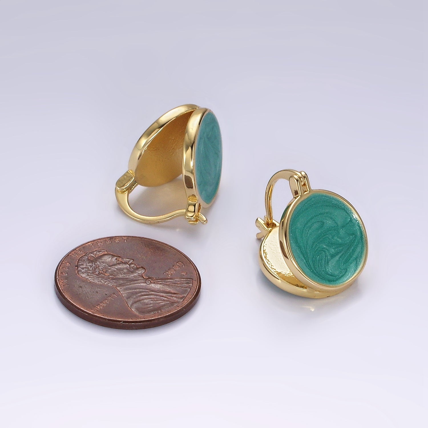 14K Gold Filled Teal, White Enamel Round Triangle Latch Hoop Earrings | AE996 AE997 - DLUXCA