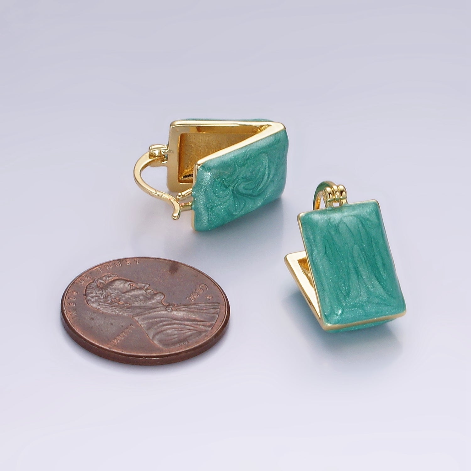 14K Gold Filled Teal, White Enamel Rectangle Triangle Latch Hoop Earrings | AE998 AE999 - DLUXCA