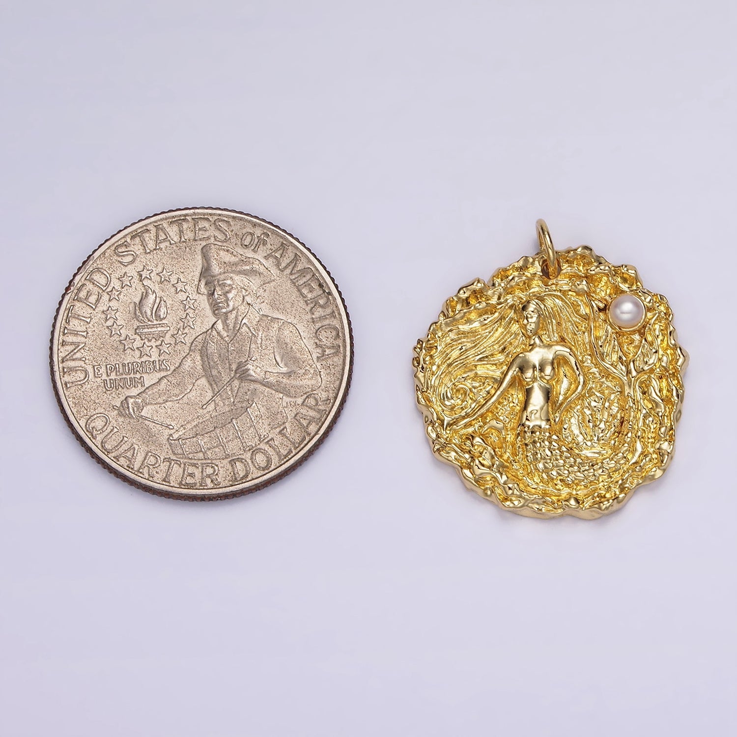 14K Gold Filled Mermaid Ocean Sea Pearl Hammered Round Charm in Silver & Gold | AG152 AG153