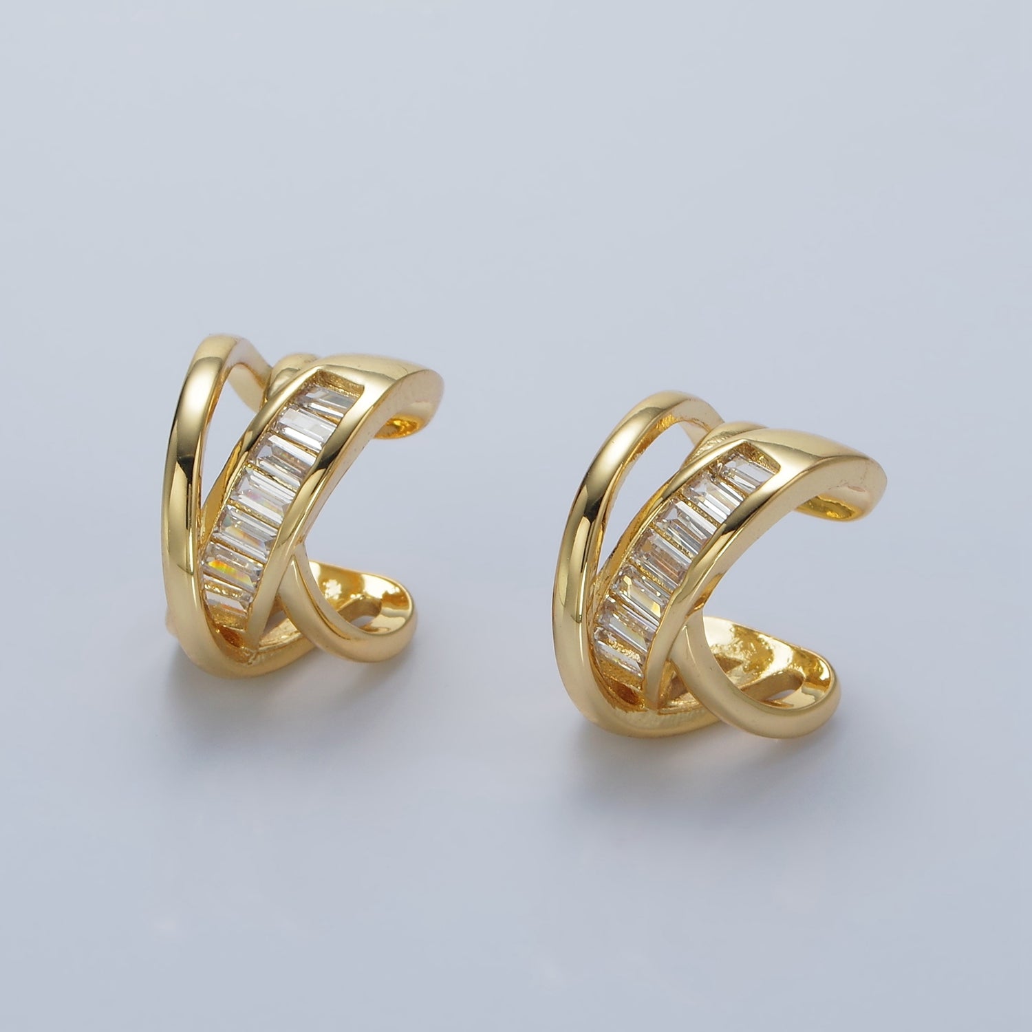 14K Gold Filled Baguette Triple Band Lined Ear Cuff Earrings | AI161