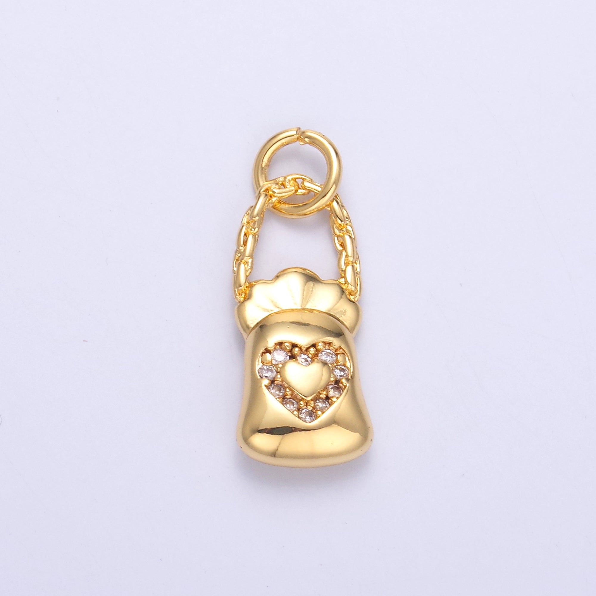 24K Gold Filled Micro Paved CZ Heart Bag Charm in Gold & Silver | C043