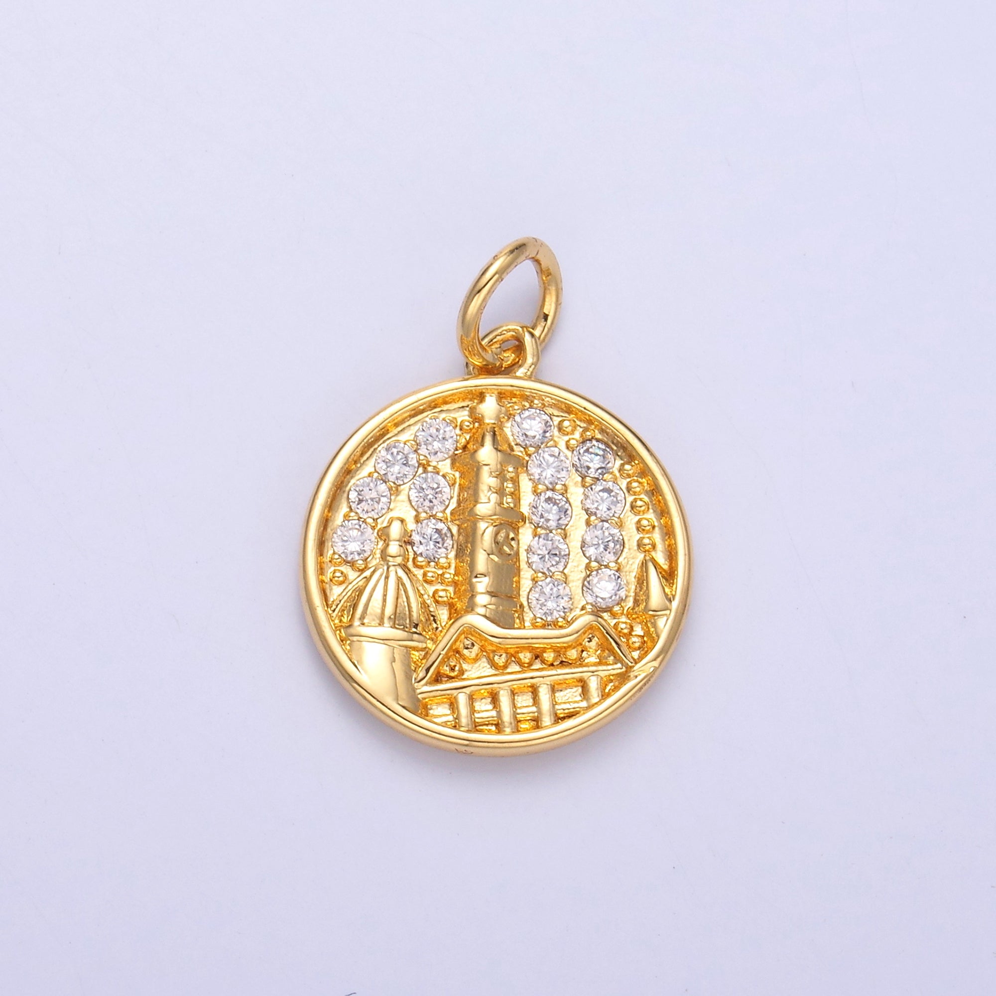 24K Gold Filled Micro Paved CZ Town City Round Charm in Gold & Silver | C049