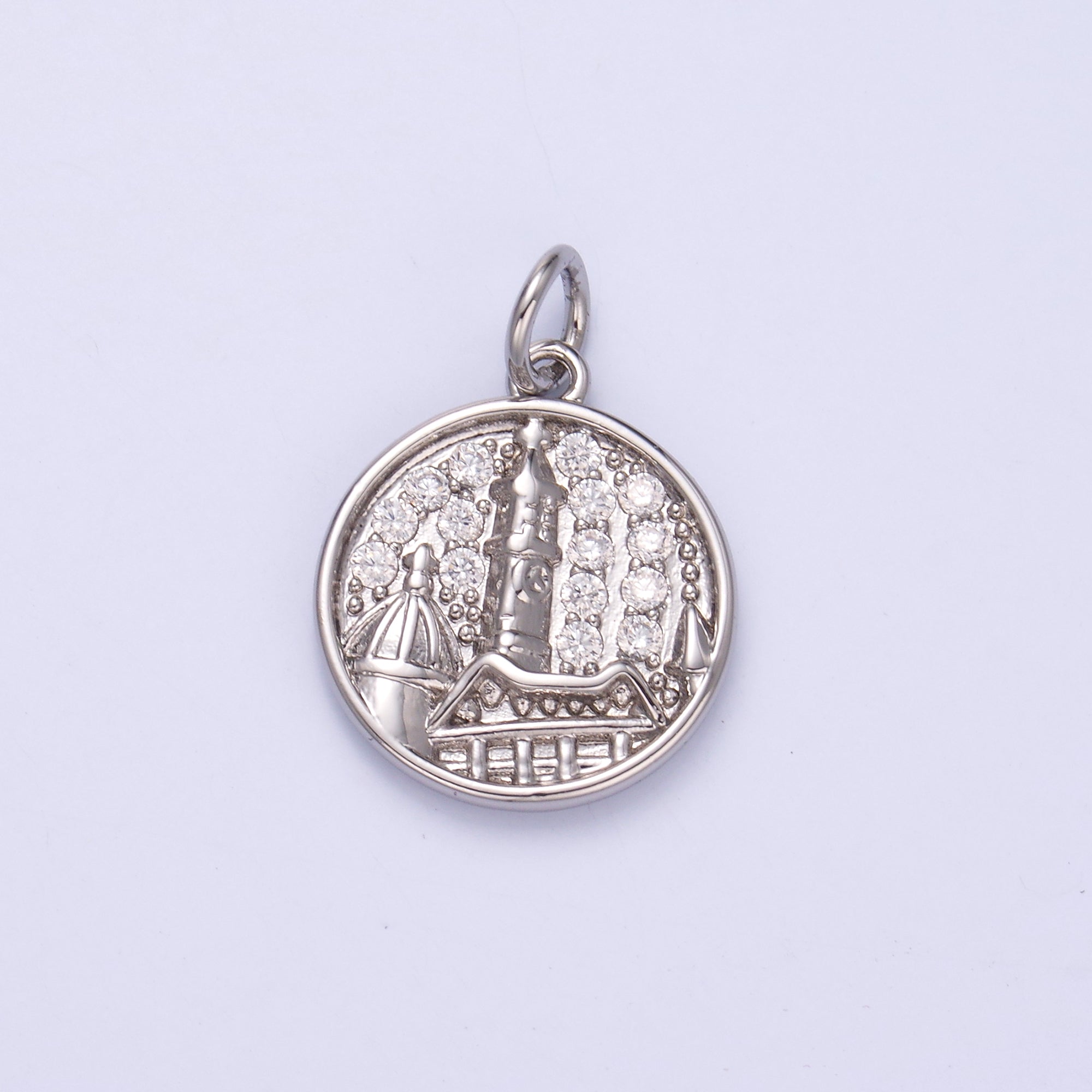 24K Gold Filled Micro Paved CZ Town City Round Charm in Gold & Silver | C049