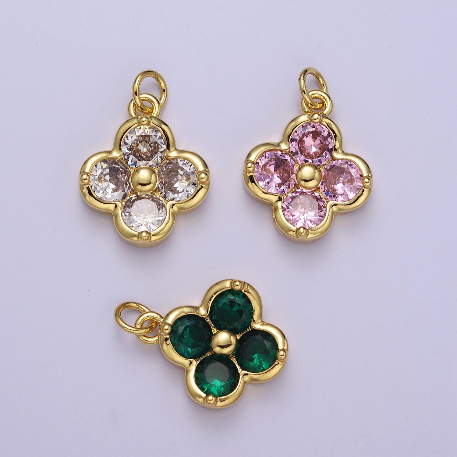 24K Gold Filled Quatrefoil Clover Pink, Clear, Green CZ Lucky Charm E-768-E-770